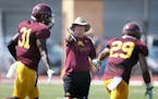 Gophers coach Jerry Kill instructed his players during Saturday's scrimmage at Concordia (St. Paul).