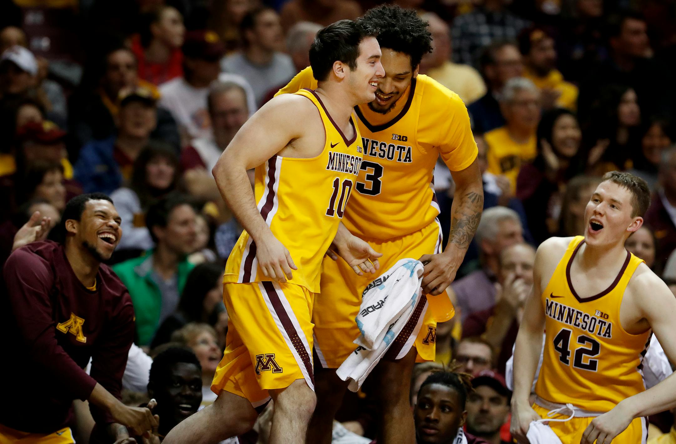 Darin Haugh (10) was cheered by teammates as he prepared to check into the game. ] CARLOS GONZALEZ • cgonzalez@startribune.com - March 2, 2017, Minneapolis, MN, Williams Arena, NCAA Basketball, Big 10, University of Minnesota Gophers vs. Nebraska Cornhuskers