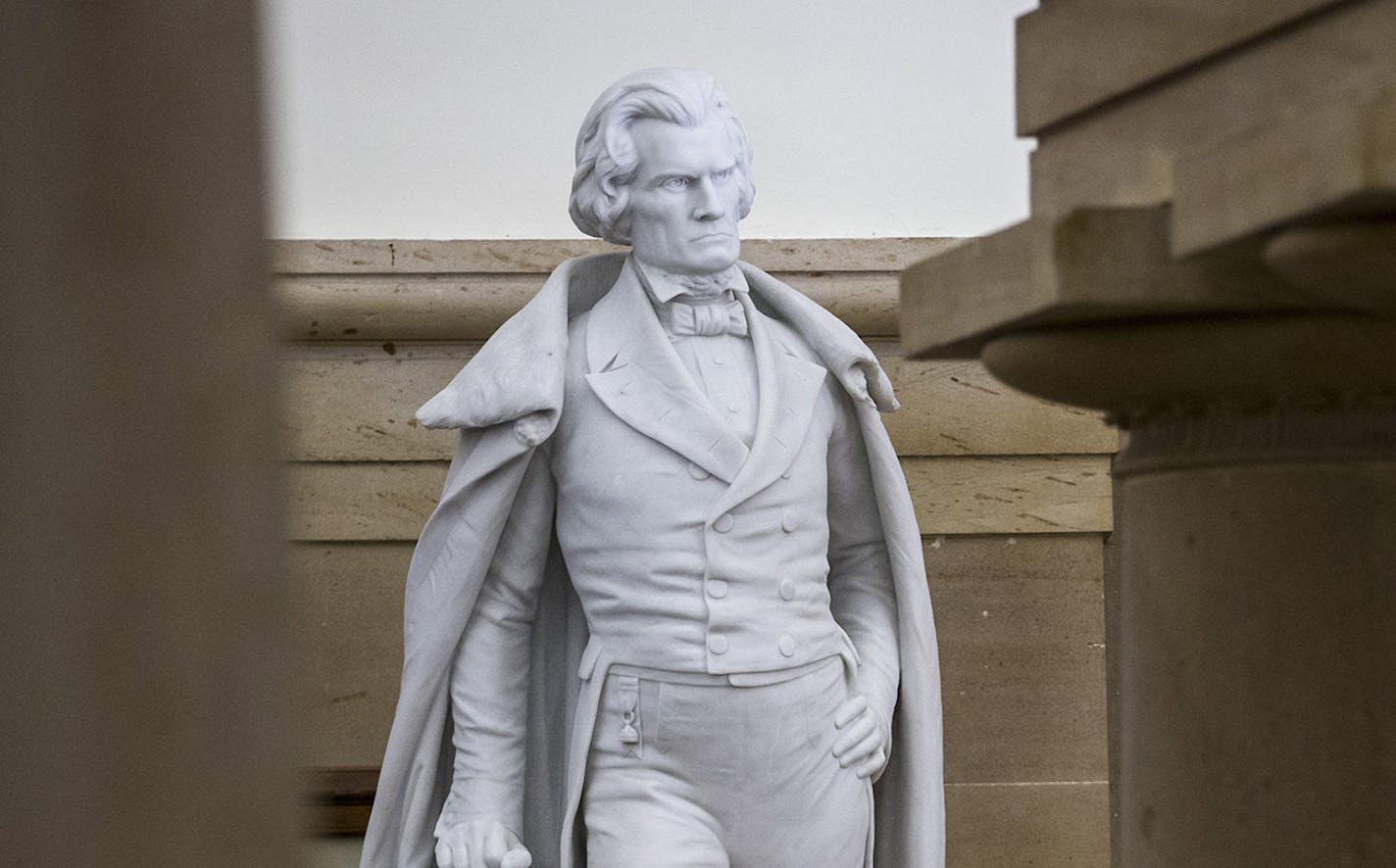 A statue of John C. Calhoun, a pre-Civil War, 19th century South Carolina statesman and slavery supporter, at The Capitol building in Washington, June 24, 2015. Almost overnight, the push to remove Confederate symbols has become a bit like the rush to support same-sex marriage. (Zach Gibson/The New York Times) ORG XMIT: MIN2015062510362421