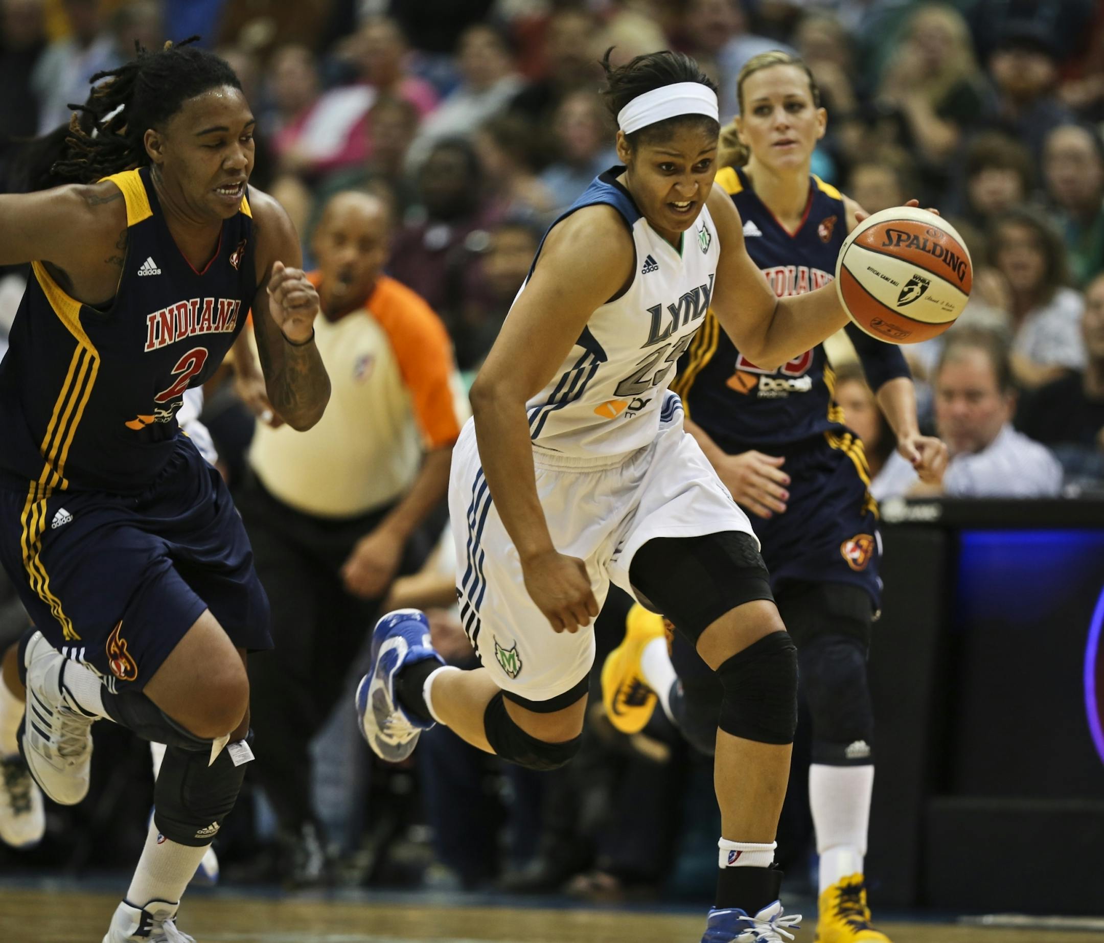 Maya Moore ran down court in the fourth quarter during a basketball game between the Lynx and Indiana Fever at Target Center in Minneapolis on Monday, September 17, 2012. Moore scored 29 points in the Lynx 86-79 win.