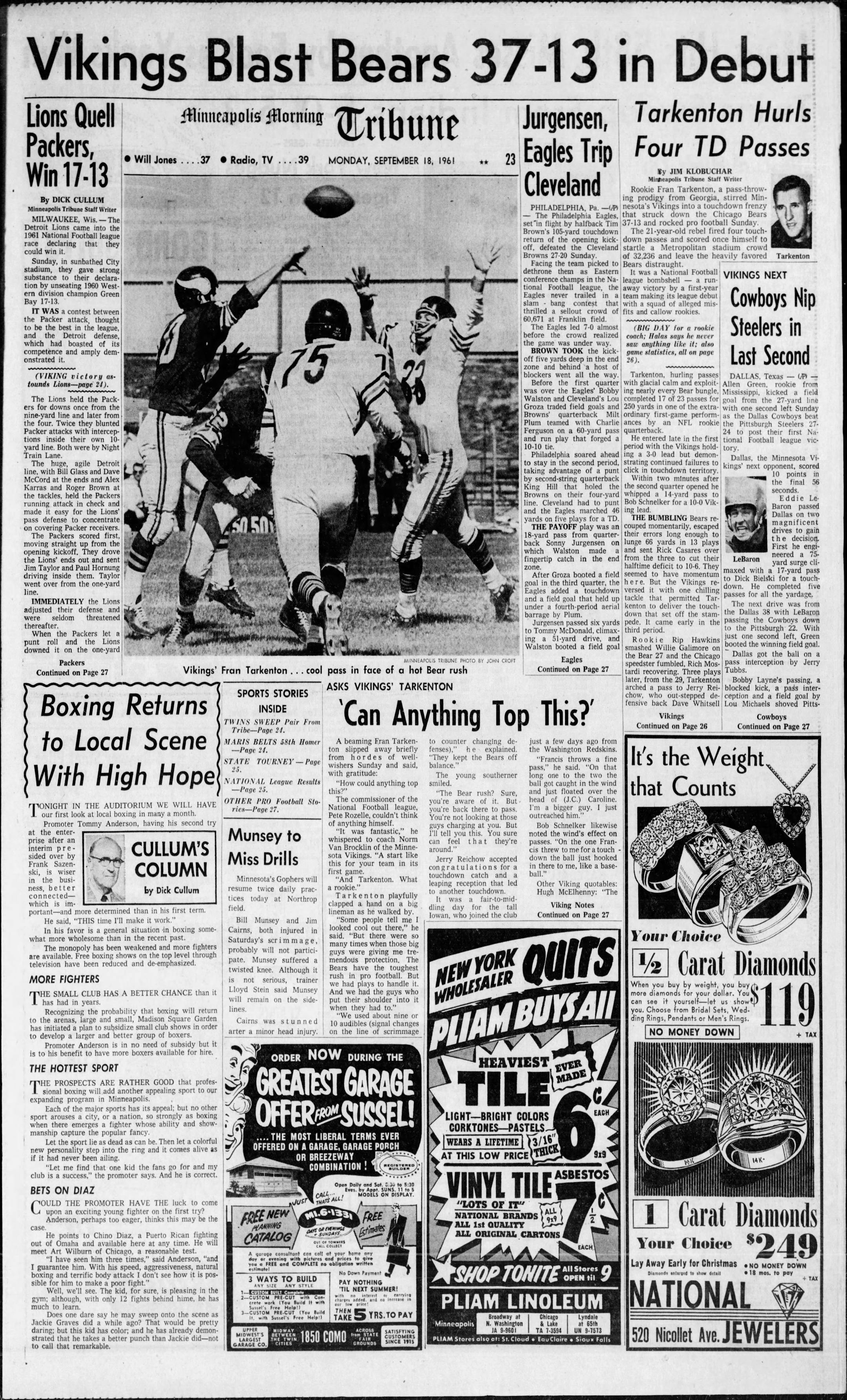 The sports page from the Vikings' first game in 1961.