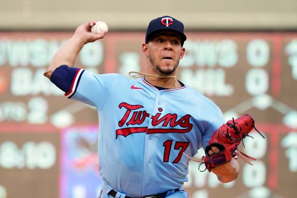 Minnesota Twins pitcher Jose Berrios (17) throws against the Los Angeles Angels during a baseball game, Saturday, July 24, 2021, in Minneapolis. (AP P