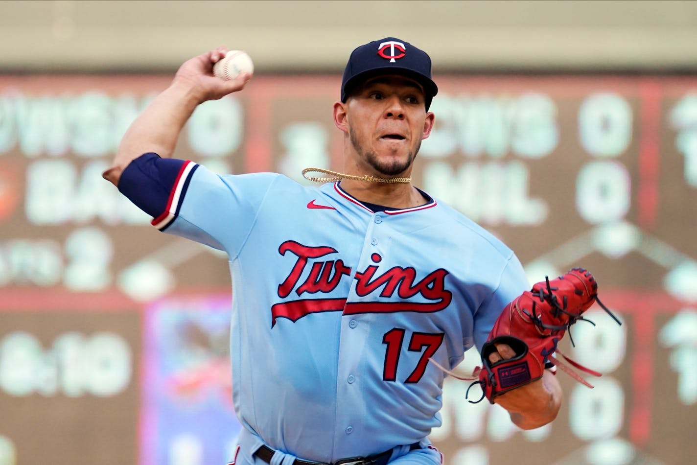 Minnesota Twins pitcher Jose Berrios (17) throws against the Los Angeles Angels during a baseball game, Saturday, July 24, 2021, in Minneapolis. (AP Photo/Jim Mone)