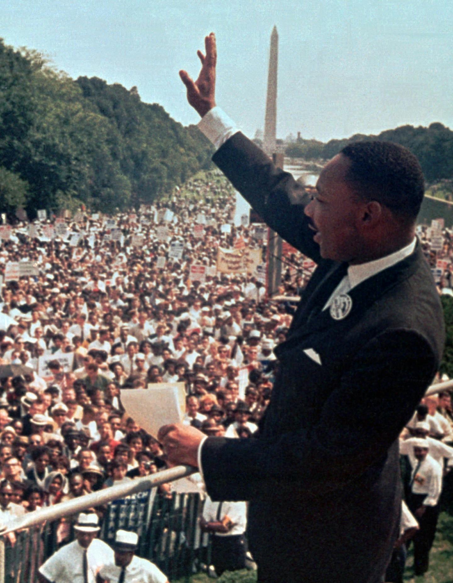 ADVANCE FOR USE SUNDAY, JAN. 13, 2013 AND THEREAFTER - FILE - In this Aug. 28, 1963 file photo, The Rev. Martin Luther King Jr. waves to the crowd at the Lincoln Memorial for his "I Have a Dream" speech during the March on Washington. The march was organized to support proposed civil rights legislation and end segregation. (AP Photo) ORG XMIT: NY352 ORG XMIT: MIN1308201627484715