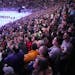 Fans stand for the National Anthem ahead of the first home game of the brand new women's professional hockey league (PWHL) as Minnesota faced off agai