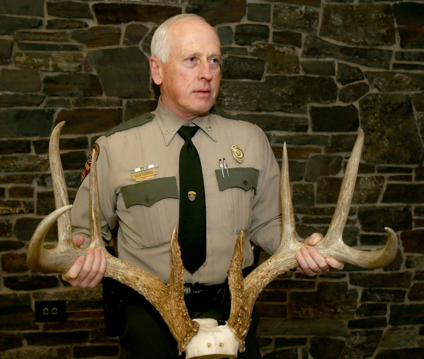 DNR enforcement chief Ken Soring with the original world-class 8-point buck horns. St. Paul, MN, 2013. ] JOELKOYAMA&#x201a;&#xc4;&#xa2;joel koyama@startribune DNR is having seven replicas made of the world-class 8-point buck poached in southeastern Minnesota a few years back. Some of those antler reproductions will be mounted on deer heads and shown around the state for years to come on the DNR's "Wall of Shame.'' We're getting photos of the replicas, and the originals, said to be worth more tha