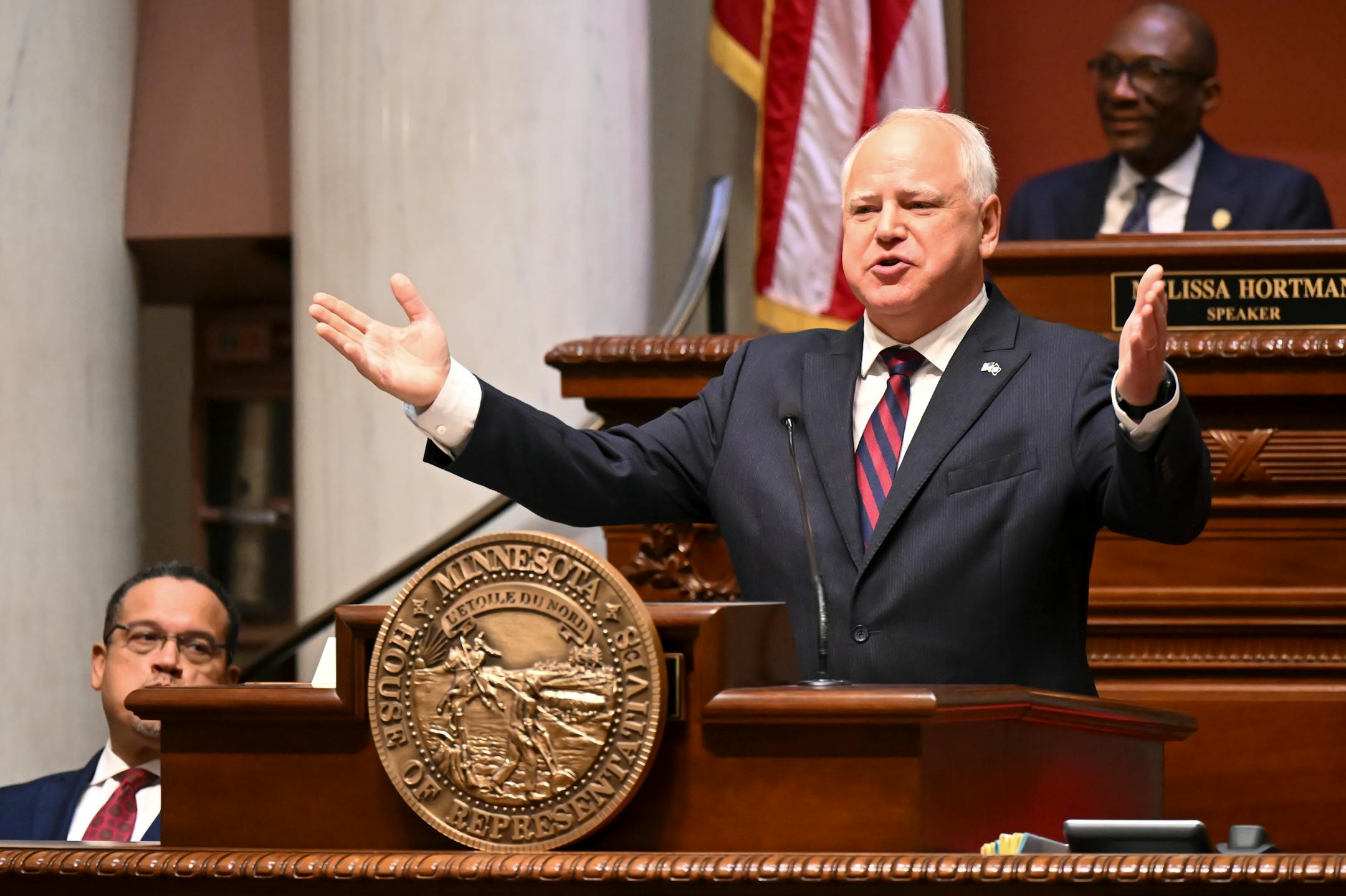Minnesota Gov. Tim Walz delivers the first State of the State address of his second term Wednesday night in the house chambers of the Minnesota State Capitol in St. Paul, Minn.