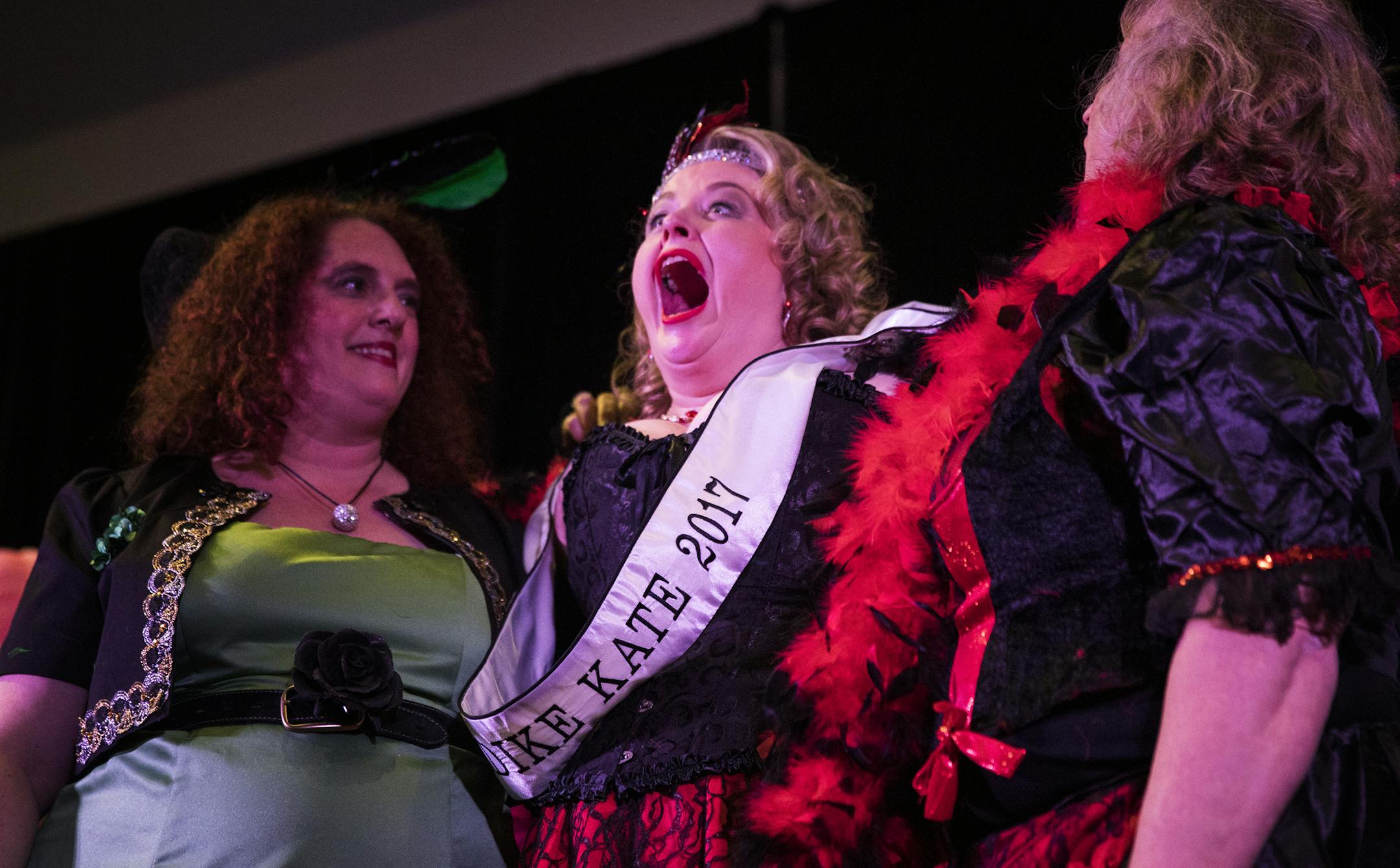 Klondike Kate 2017 winner Kristen Oster, center, is crowned. ] (Leila Navidi/Star Tribune) leila.navidi@startribune.com BACKGROUND INFORMATION: The 2017 Klondike Kate Contest at the Envision Event Center in Oakdale on Wednesday, January 11, 2017.