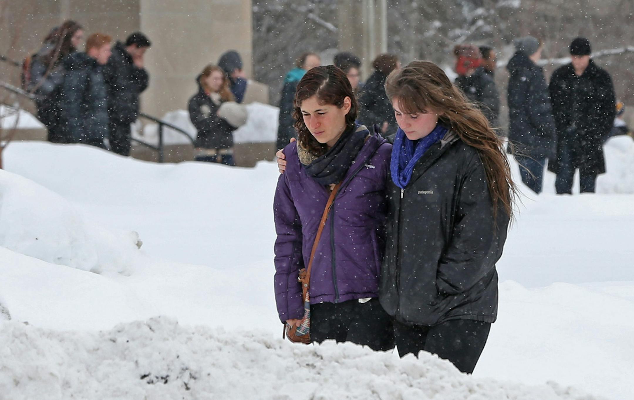 March 1, 2014: Carleton College students left the Skinner Memorial Chapel after a memorial service for three Carleton College students killed on the icy roads north of Northfield on Feb. 28, 2014. The students vehicle collided with a large truck.