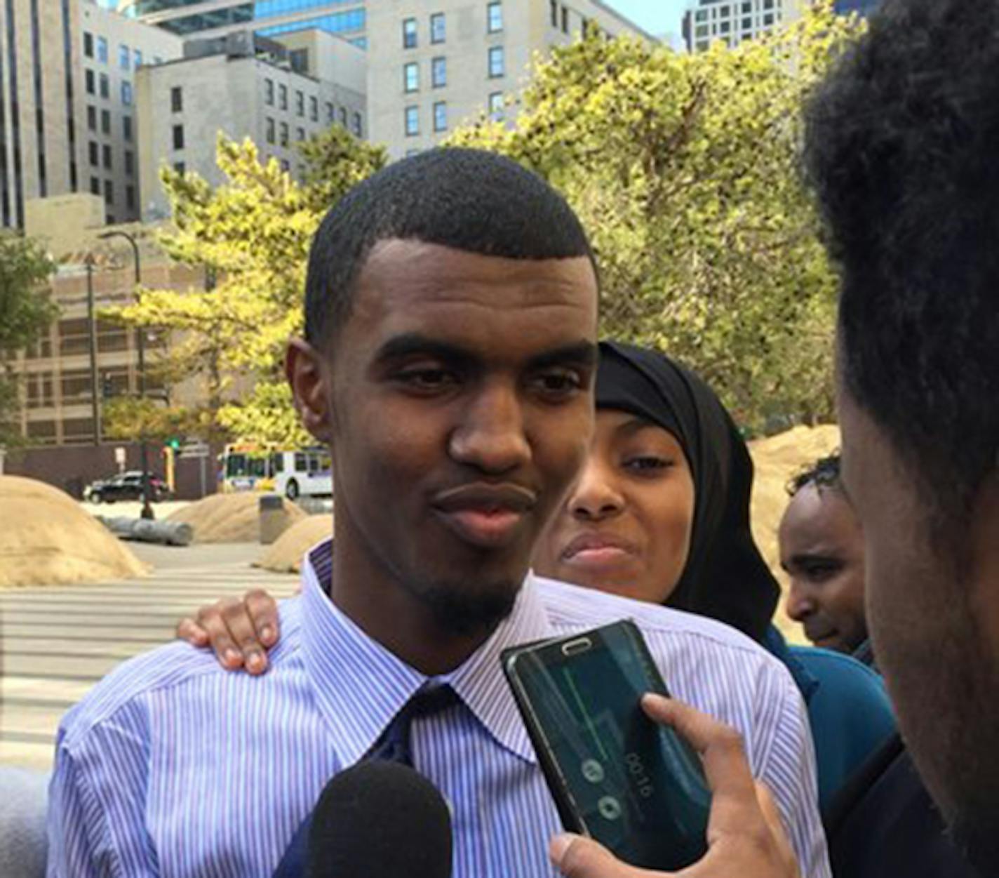 Khaalid Abdulkadir spoke outside U.S. Courthouse in Minneapolis on Tuesday after his release.