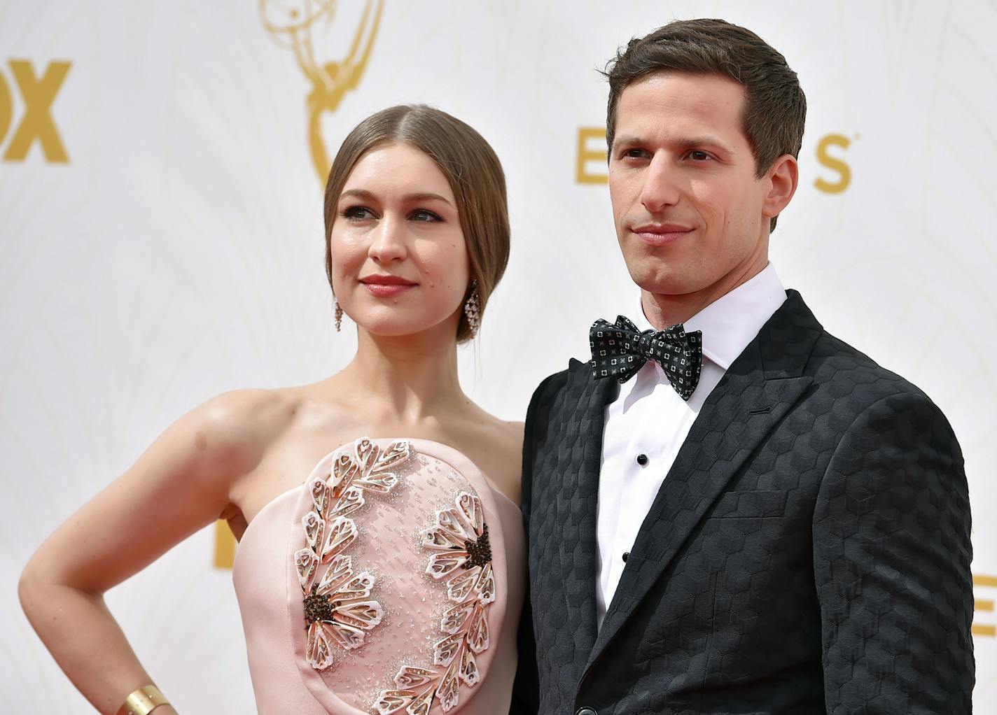 Joanna Newsom, left, and Host Andy Samberg arrive at the 67th Primetime Emmy Awards on Sunday, Sept. 20, 2015, at the Microsoft Theater in Los Angeles. (Photo by Jordan Strauss/Invision/AP)