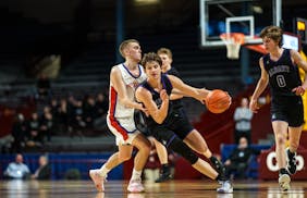 Albany’s Tysen Gerads (22) scored 19 points in the Huskies’ quarterfinal victory over Pequot Lakes.