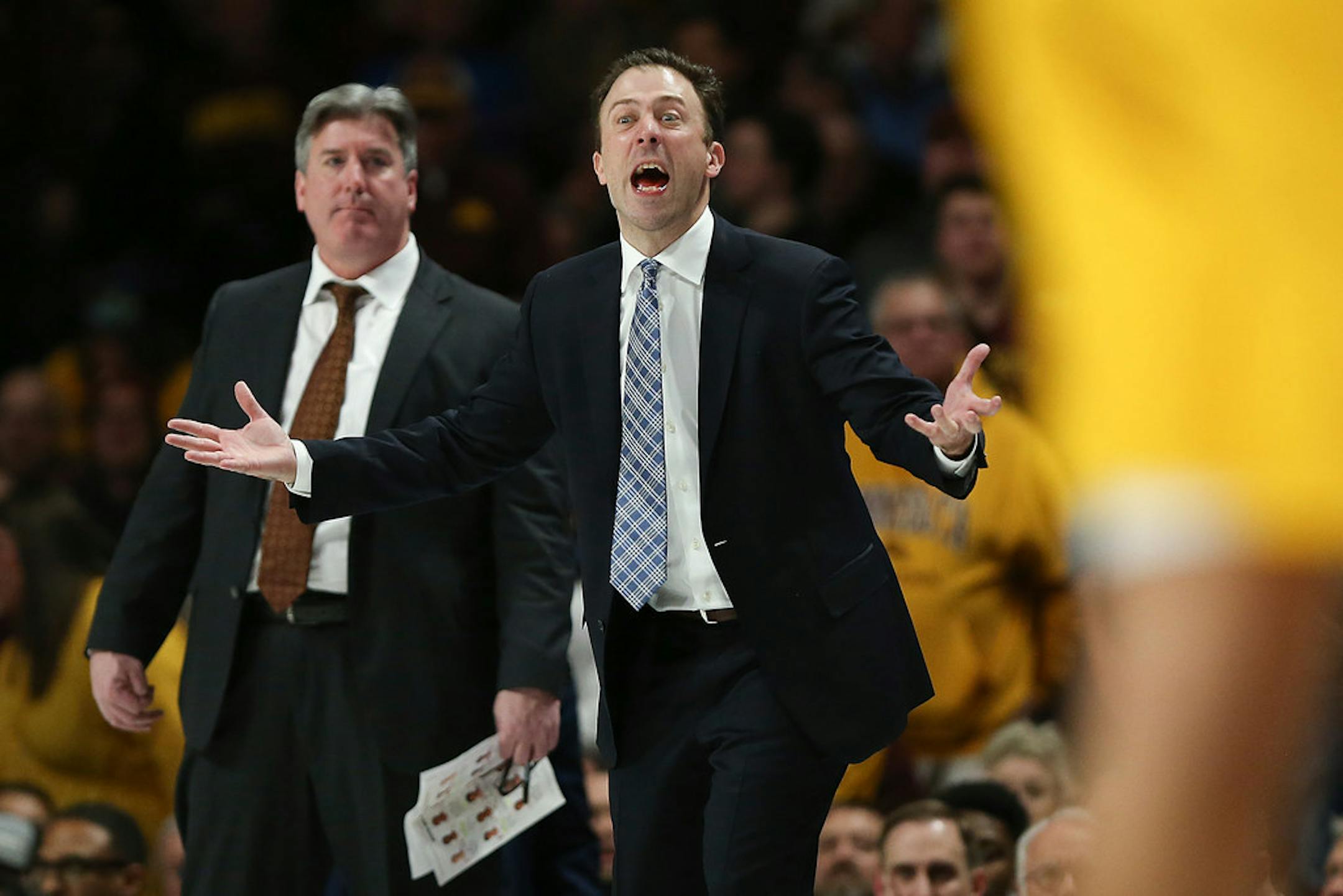 Richard Pitino reacts to a call on the team during the second half.
