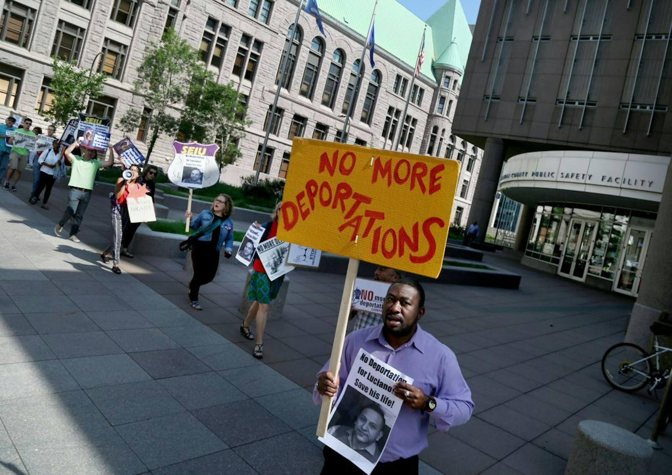 Community supporters rallied in support of Luciano Mejia Morales, a leader in the Latino community who was arrested on June 10th for a minor traffic violation and is now set to be deported to Guatemala. Here, protestors marched in support of the release of Luciano Mejia Morales outside the Hennepin County Public Safety Facility Tuesday, June 27, 2017, in Minneapolis, MN.