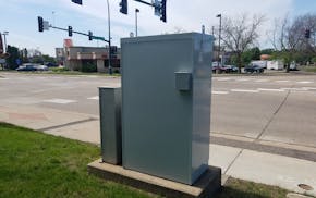 This traffic signal cabinet at 57th Avenue N. and West Broadway is one of 10 Crystal will decorate with artwork this summer.
