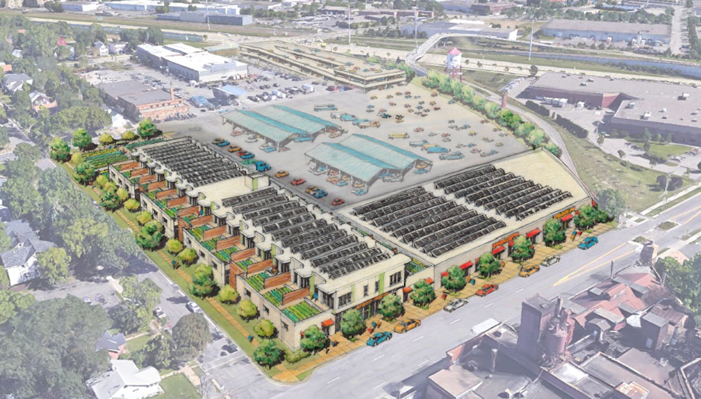 A rendering shows what neighborhood development at the Roof Depot site in south Minneapolis could look like. Planned are aquaponics farms and affordable housing.
(Image provided by DJR Architecture)