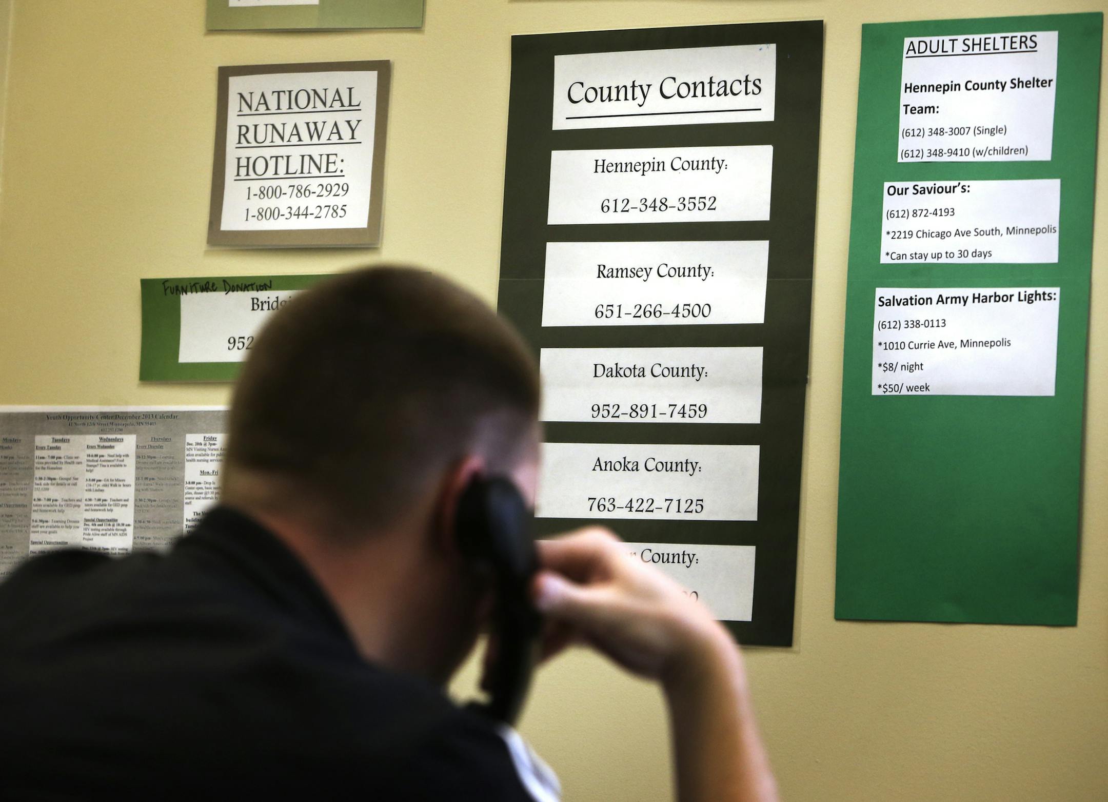 Craig Gleason, a youth and family counselor in Minneapolis at the Bridge for Youth, took a call after the line was back in business at its regular number.