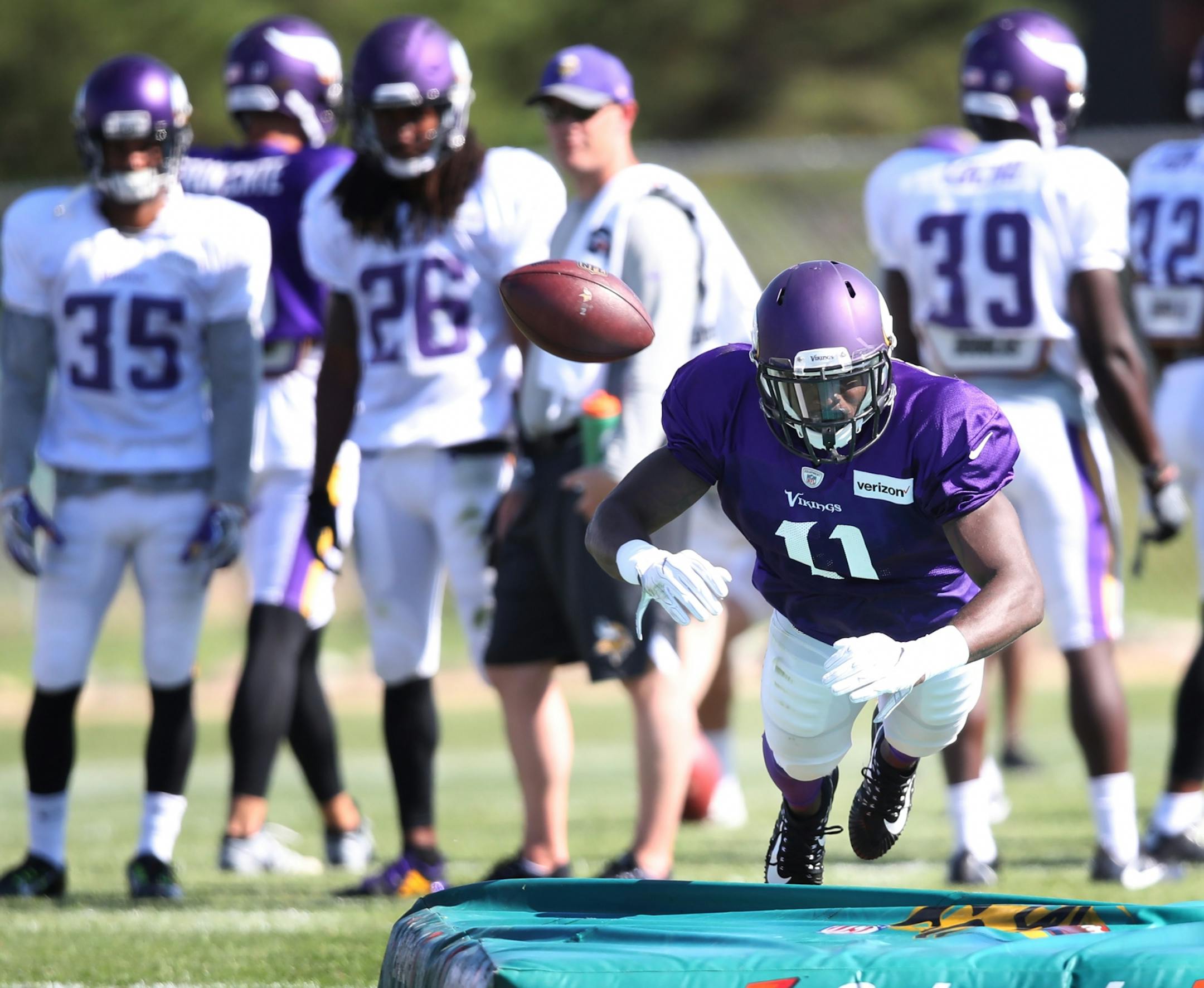 Minnesota Vikings wide receiver Laquon Treadwell (11) worked blocking punts during special teams drills at Minnesota State University Mankato Saturday July 29, 2017 in Mankato , MN.