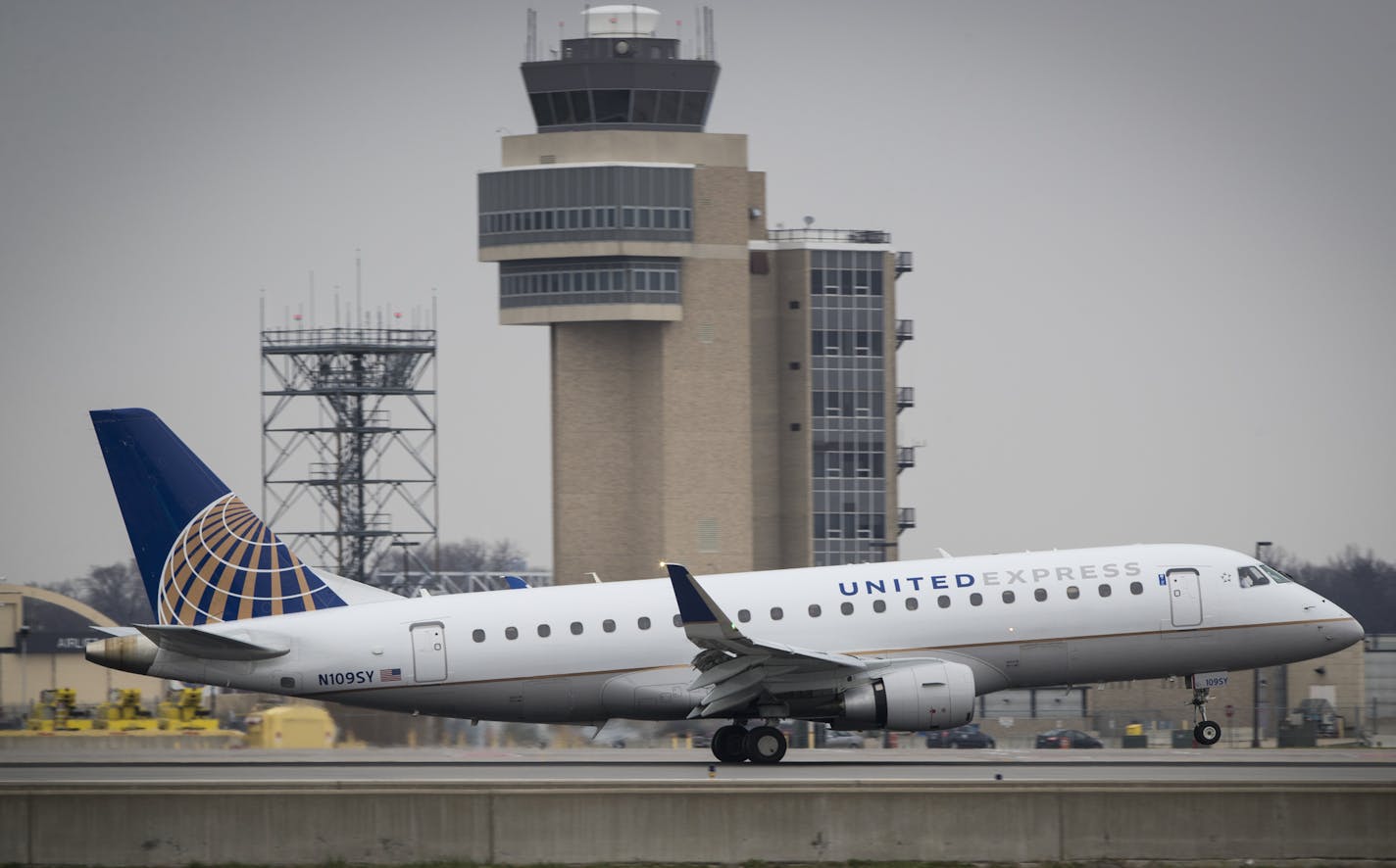 An airplane landed at the Minneapolis/ St. Paul International Airport in Bloomington, Minn., on April 12, 2017. ] RENEE JONES SCHNEIDER &#x2022; renee.jones@startribune.com