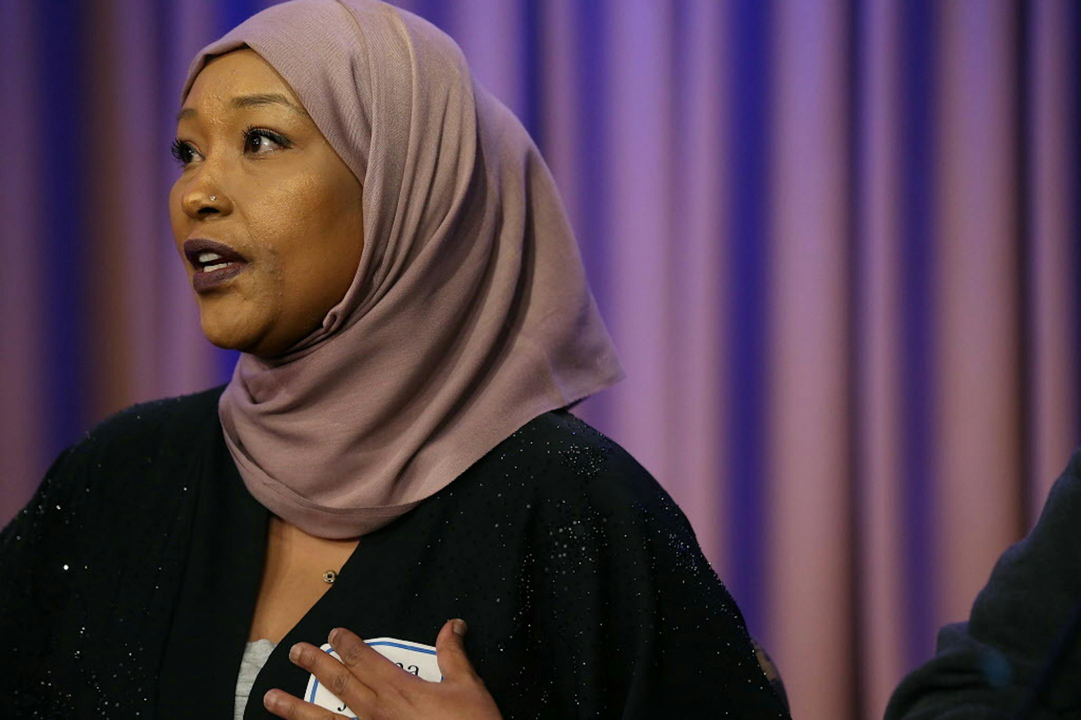 Asma Jama, who was attacked by a woman at a local Applebees, was one of four panelists who spoke of their experiences of racial attacks during a forum about Islamophobia at the Dorsey & Whitney Law Firm, Wednesday, April 13, 2016 in Minneapolis, MN. ] (ELIZABETH FLORES/STAR TRIBUNE) ELIZABETH FLORES � eflores@startribune.com
