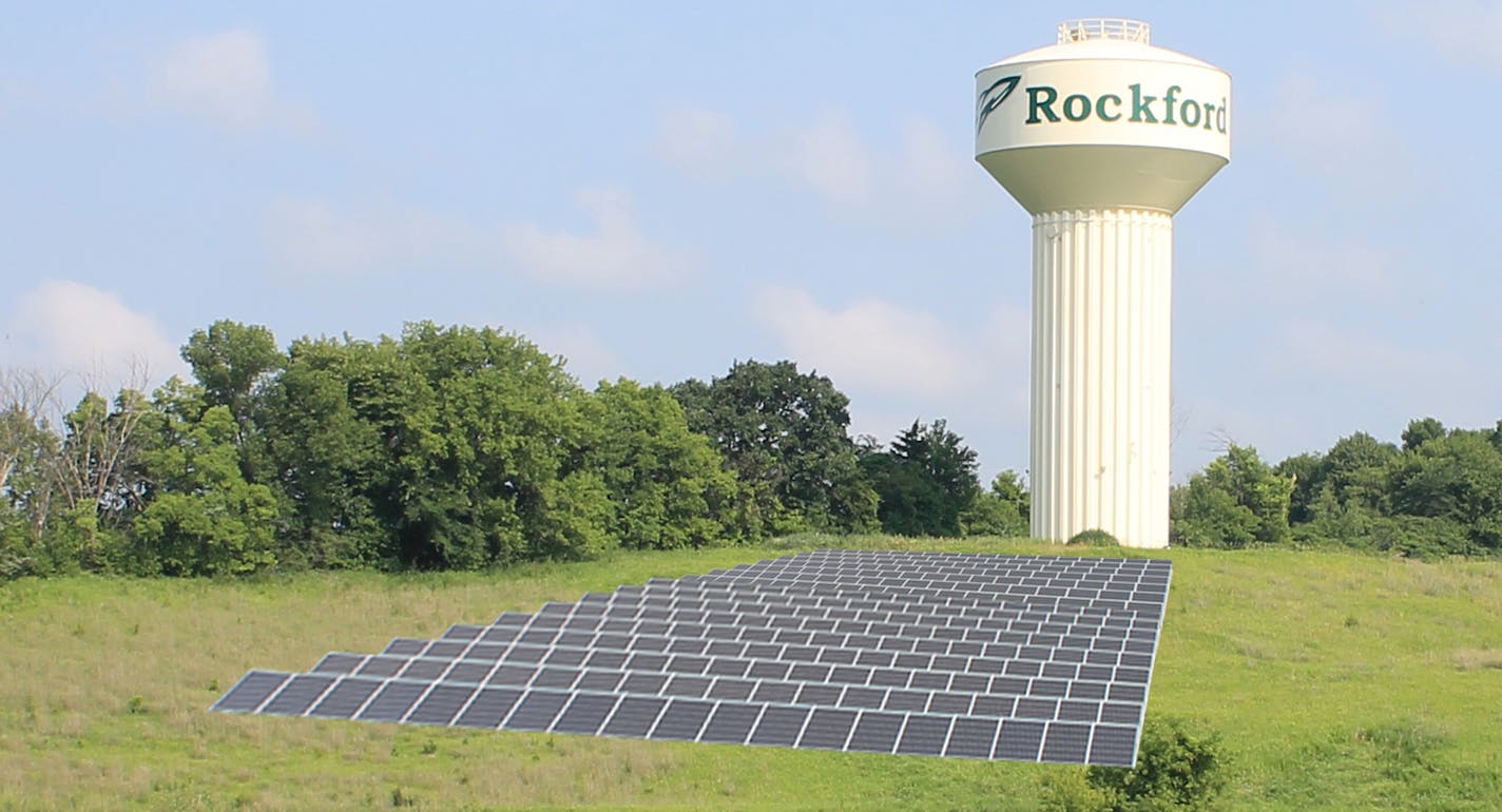 A digital rendering of a planned solar array next to the Rockford, Minn., water tower. The project, to be built and owned by Wright-Hennepin Cooperative Electric Association, will save the city money on its electric bills.