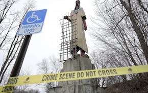 Police tape surrounds the Skowhegan Indian statue in Skowhegan, Maine on Tuesday, March 5, 2024.