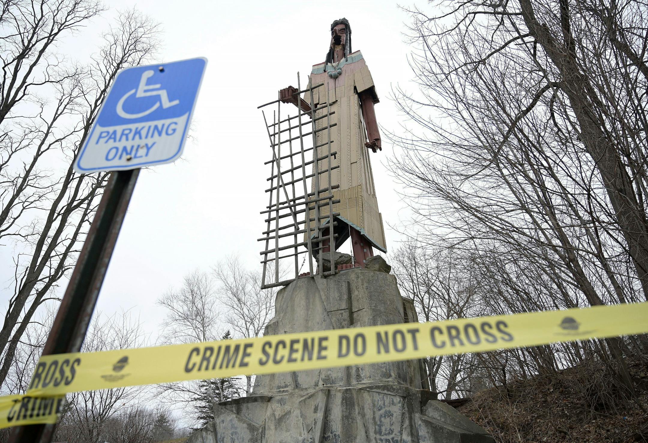 Police tape surrounds the Skowhegan Indian statue in Skowhegan, Maine on Tuesday, March 5, 2024.