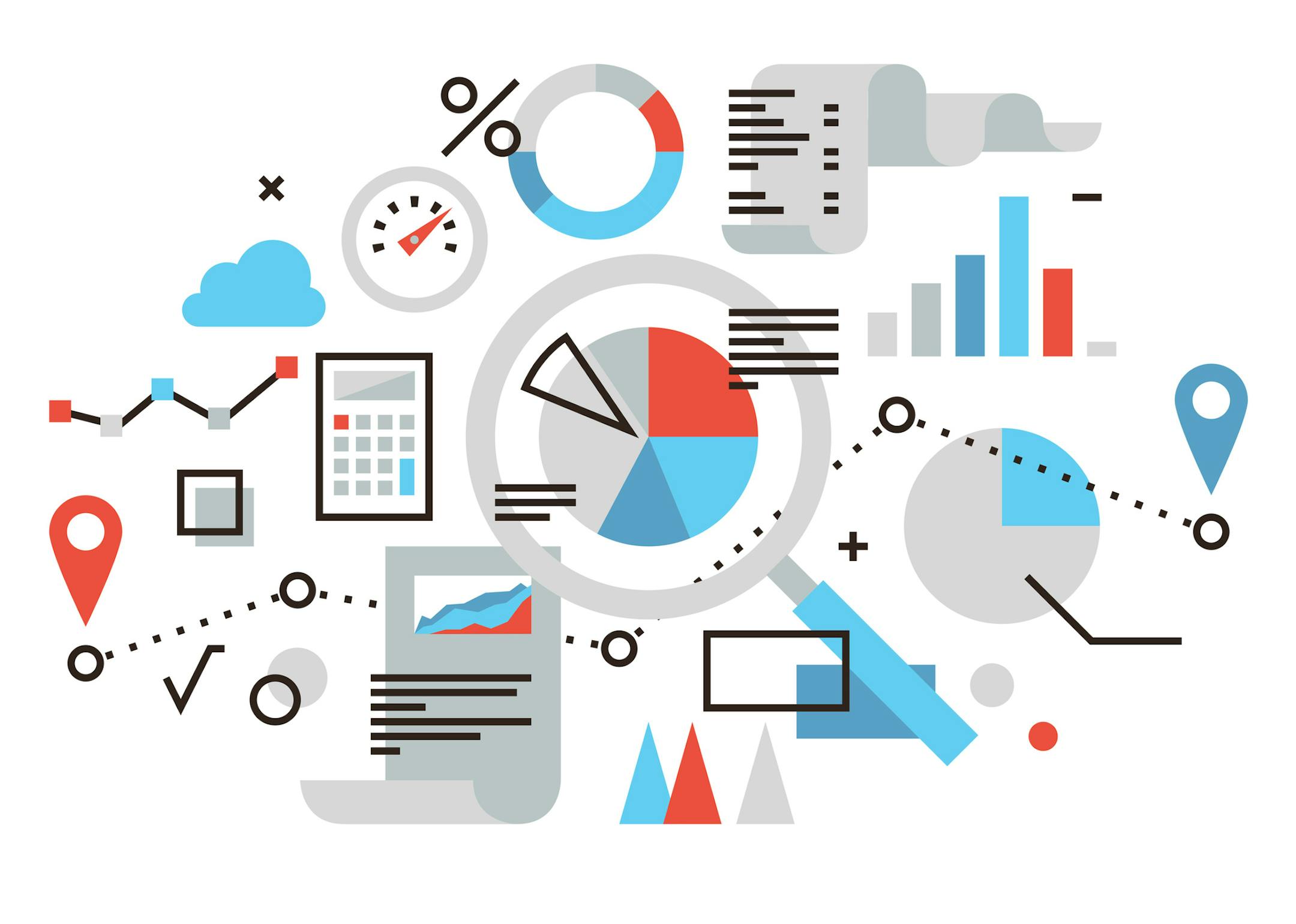 Thin line flat design of business graph statistics, big data analysis, global seo analytics, financial research report, market stats. Modern vector illustration concept, isolated on white background.