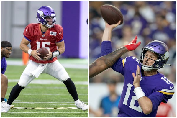 Could Vikings coach Kevin O’Connell turn to Jaren Hall, left, or Nick Mullens at quarterback? 