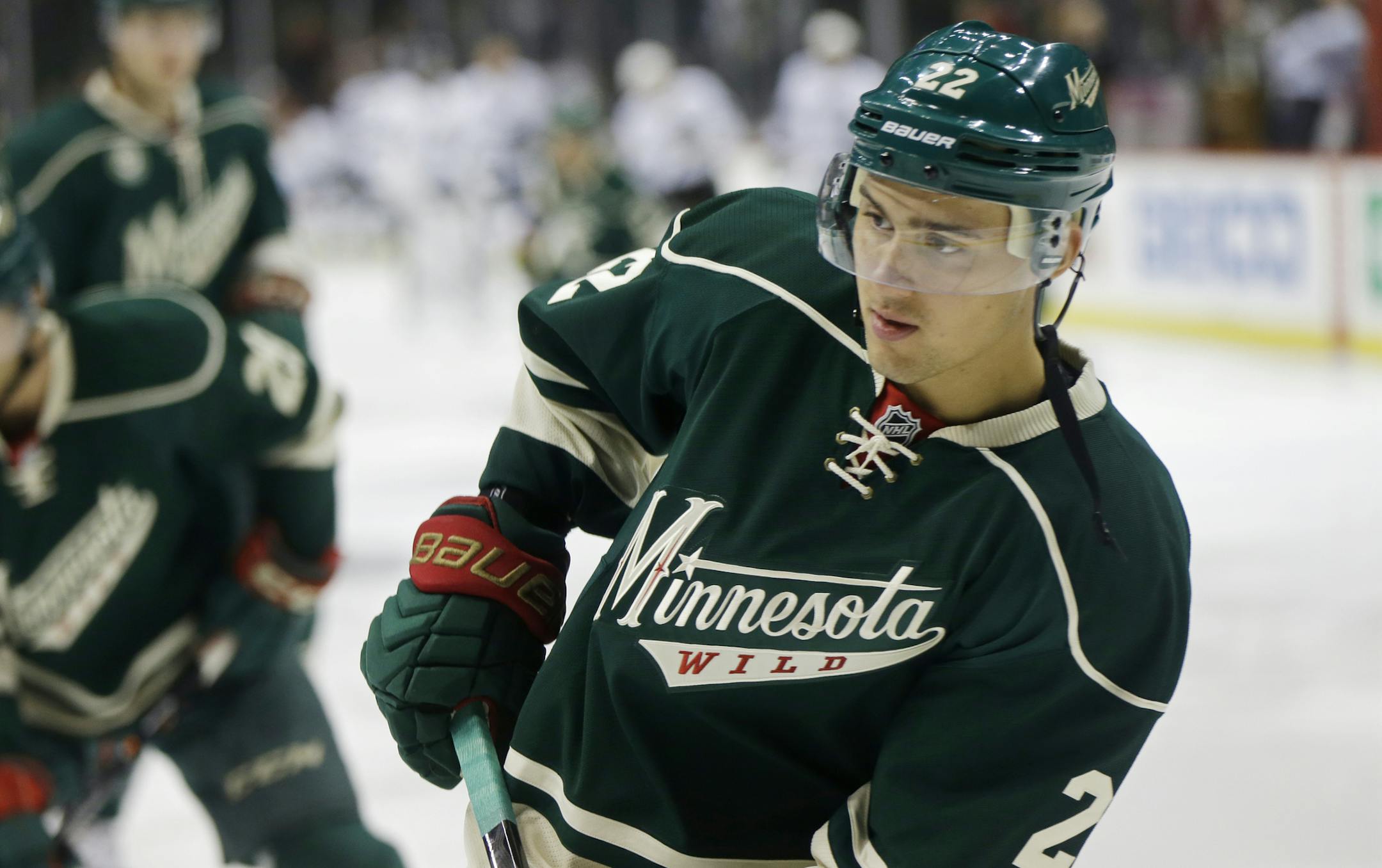 Minnesota Wild's Nino Niederreiter of Switzerland warms up prior to the first period of an NHL hockey game against the Los Angeles Kings, Thursday, Oct. 3, 2013, in St. Paul, Minn. (AP Photo/Jim Mone) ORG XMIT: NYOTK
