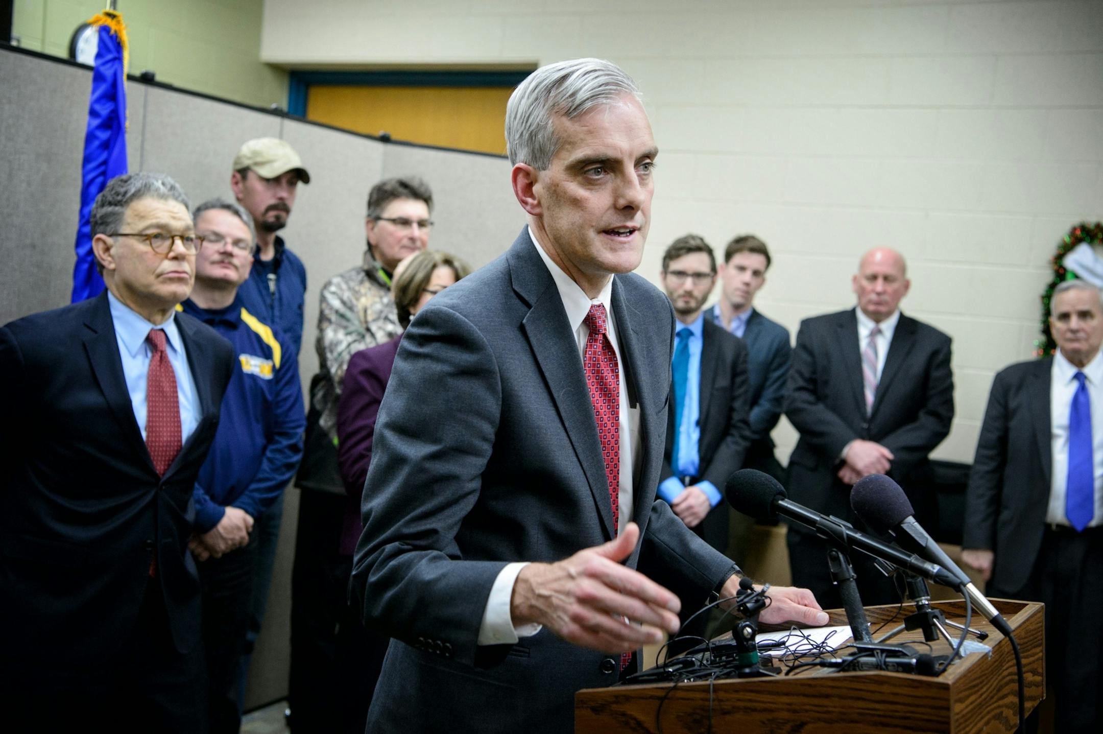 White House chief of staff Denis McDonough spoke at a news conference after meeting with Iron Rangers.