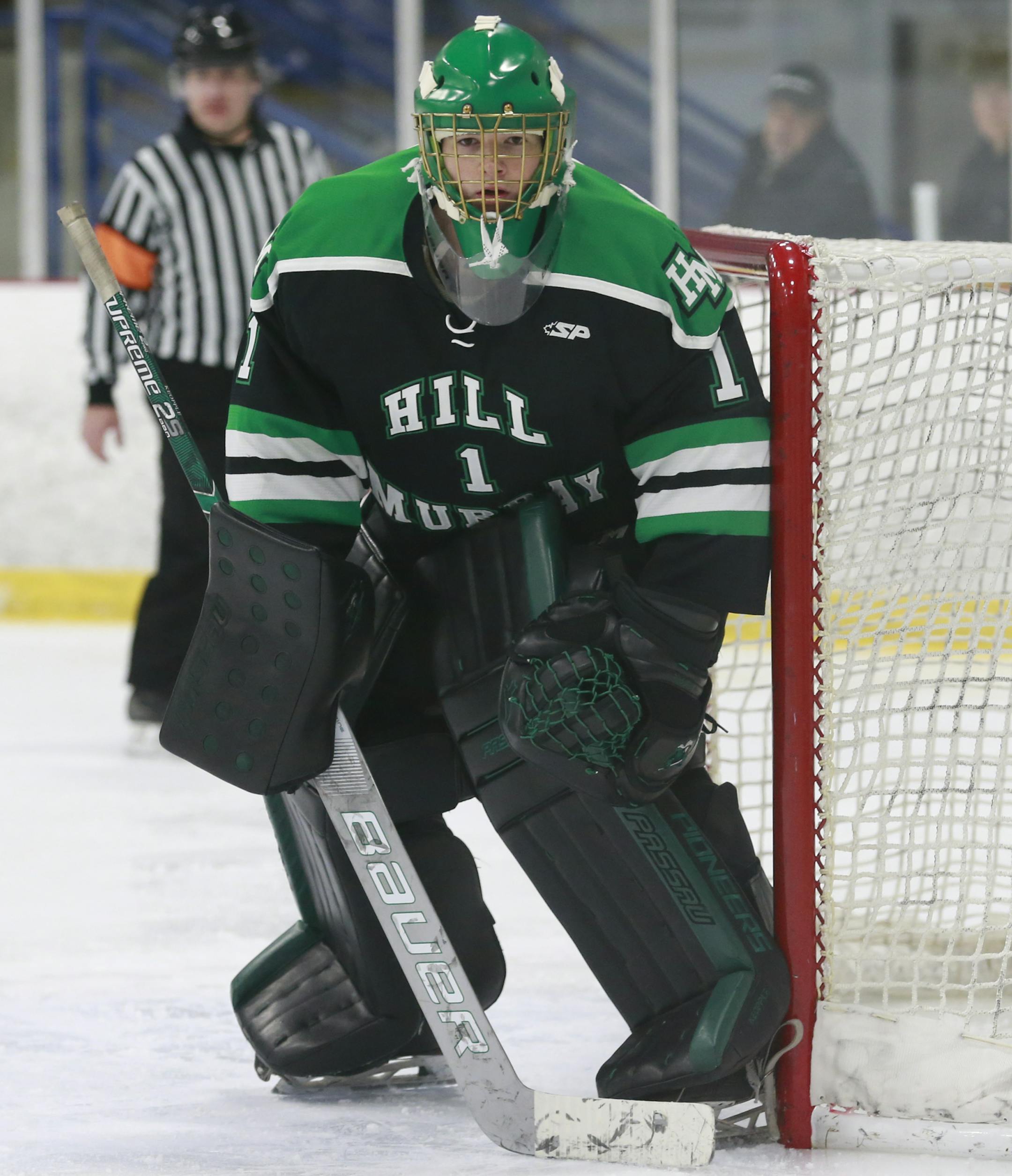 Remington Keopple, Hill-Murray goaltender. High School Boys Hockey
Hill-Murray Pioneers @ St. Thomas Academy Cadets St. Thomas Academy Arena January 31, 2019. Photo by Jeff Lawler, SportsEngine