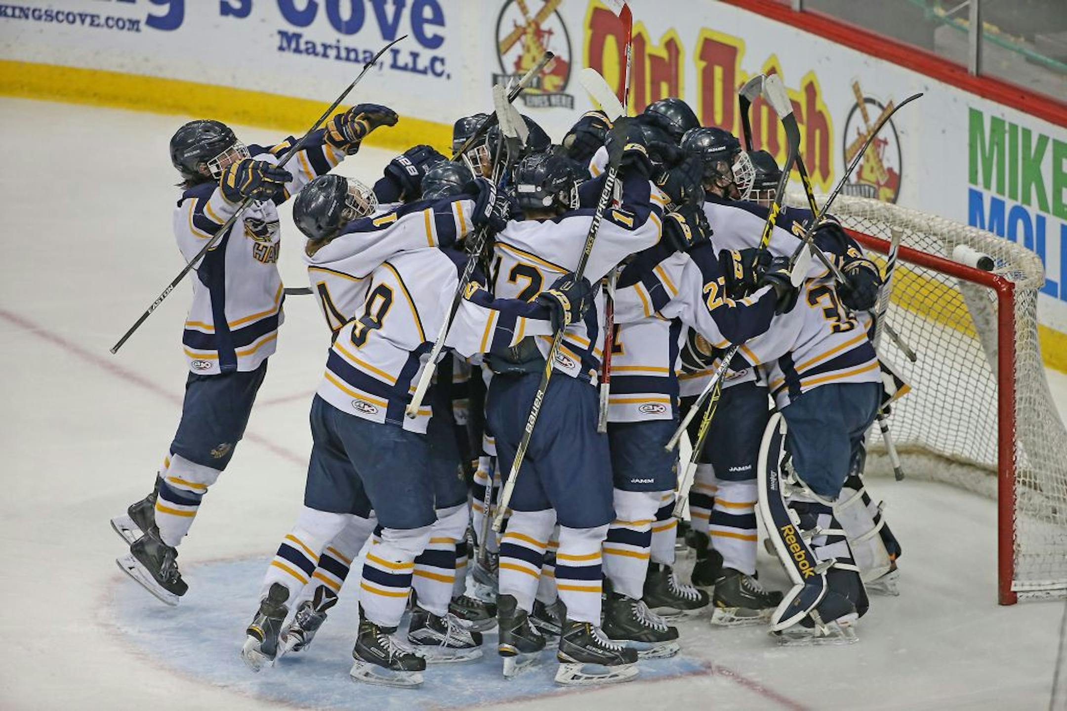 Hermantown celebrated its 7-1 victory Friday afternoon over St. Paul Academy. The Hawks would like to have a similar scene after Saturday's 1A title game against Breck School.