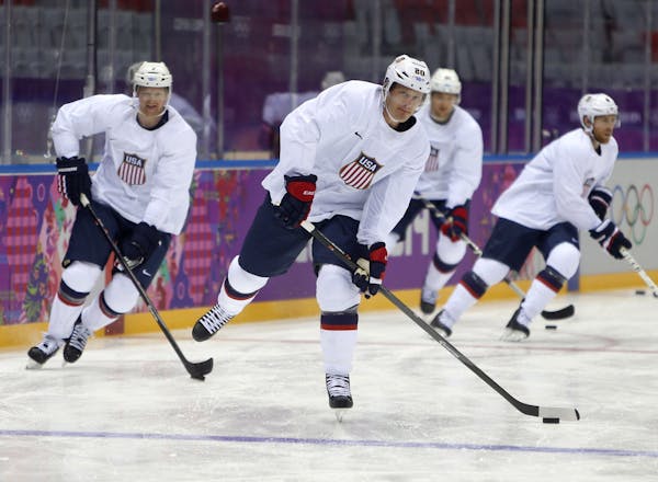 USA's Ryan Suter practices with his team during the Winter Olympics at the Bolshoy Ice Dome in Sochi, Russia, on Monday, Feb. 10, 2014.