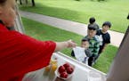 St. Paul public schools cafeteria personnel Nancy Hengel handed out free meals to kids at Lewis Park, Monday, June 15, 2015 in St. Paul, MN.