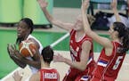 United States center Sylvia Fowles loses control of the ball during the first half of a women's basketball game against Serbia at the Youth Center at 