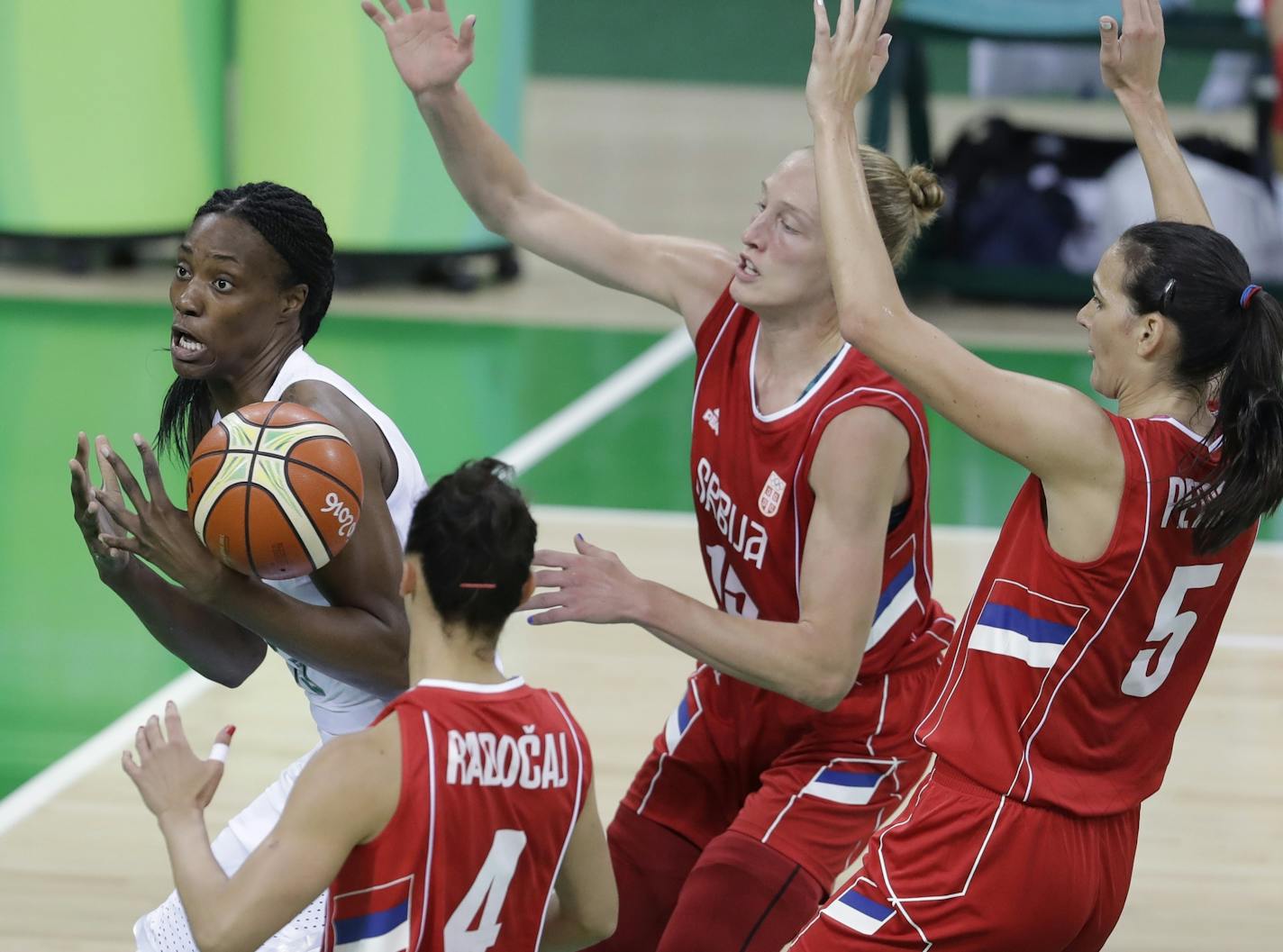 United States center Sylvia Fowles loses control of the ball during the first half of a women's basketball game against Serbia at the Youth Center at the 2016 Summer Olympics in Rio de Janeiro, Brazil, Wednesday, Aug. 10, 2016. (AP Photo/Carlos Osorio)