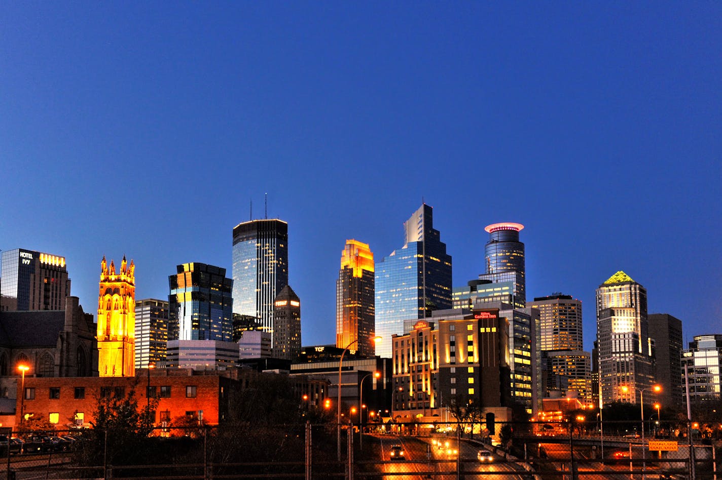 The Minneapolis skyline as seen from from I-35W south of Minneapolis.