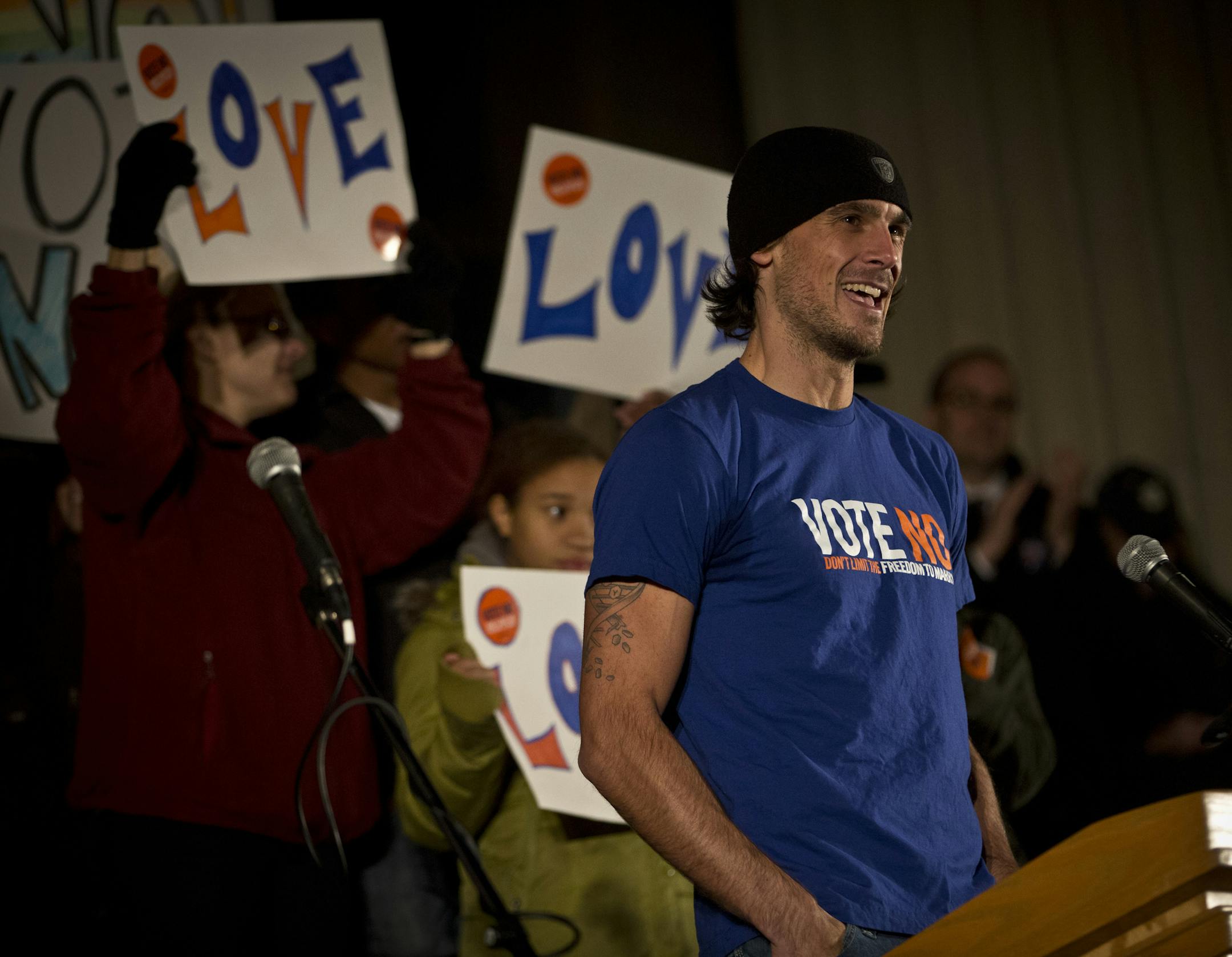 Vikings punter Chris Kluwe spoke to the crowd that gathered in opposition of the Marriage Amendment at the University of Minnesota Campus on Monday, October 29, 2012, in Minneapolis, Minn. (RENEE JONES SCHNEIDER &#x2022; reneejones@startribune.com) ORG XMIT: MIN1210291940004507