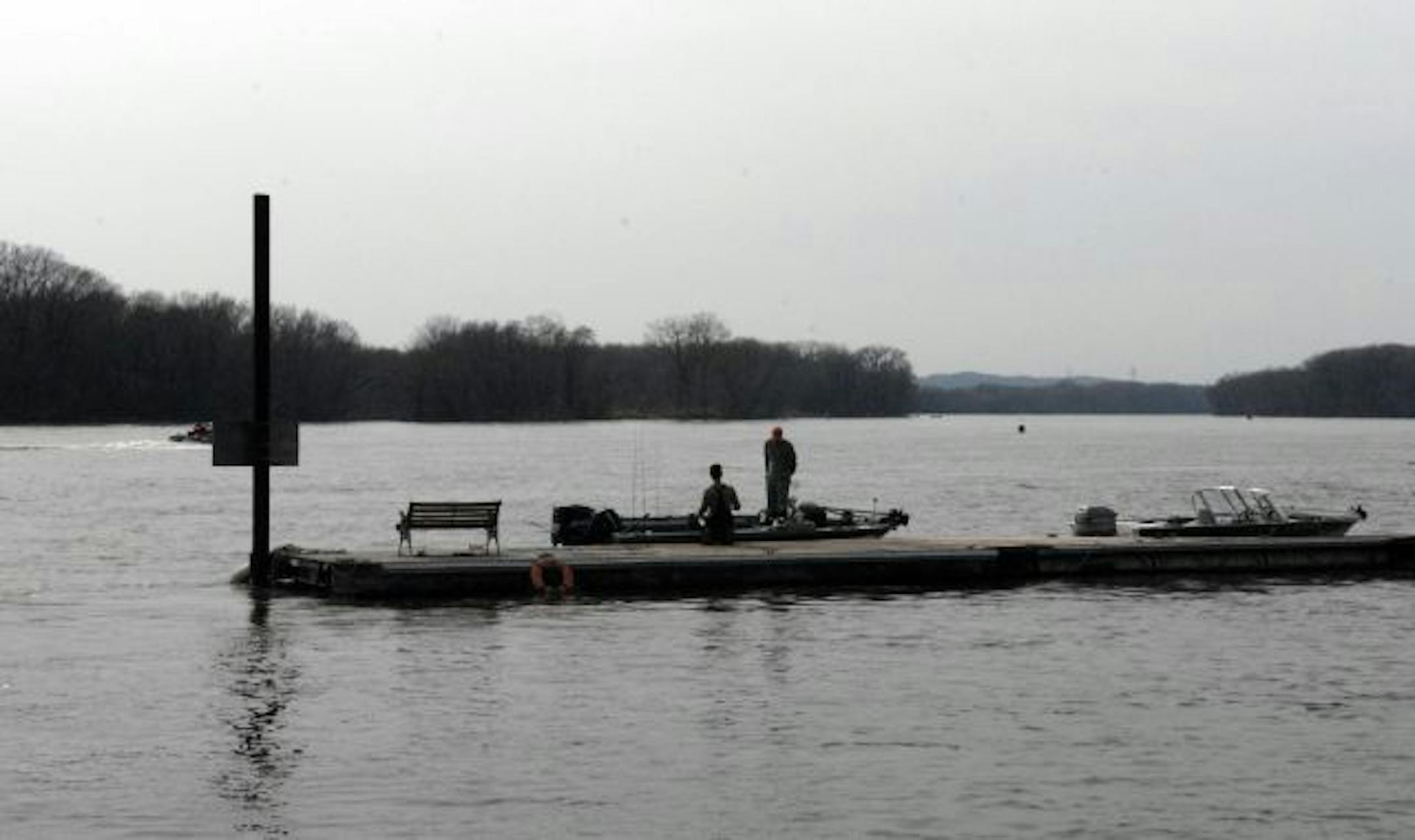 Anglers below the Mississippi River dam at Red Wing are catching walleyes this spring. But the high water and early flood crest have reduced the number of people fishing on the river this spring, said Dean Marshall, owner of Everts Resort in Hager City, across the river from Red Wing. The view is from Everts' dock on the river.