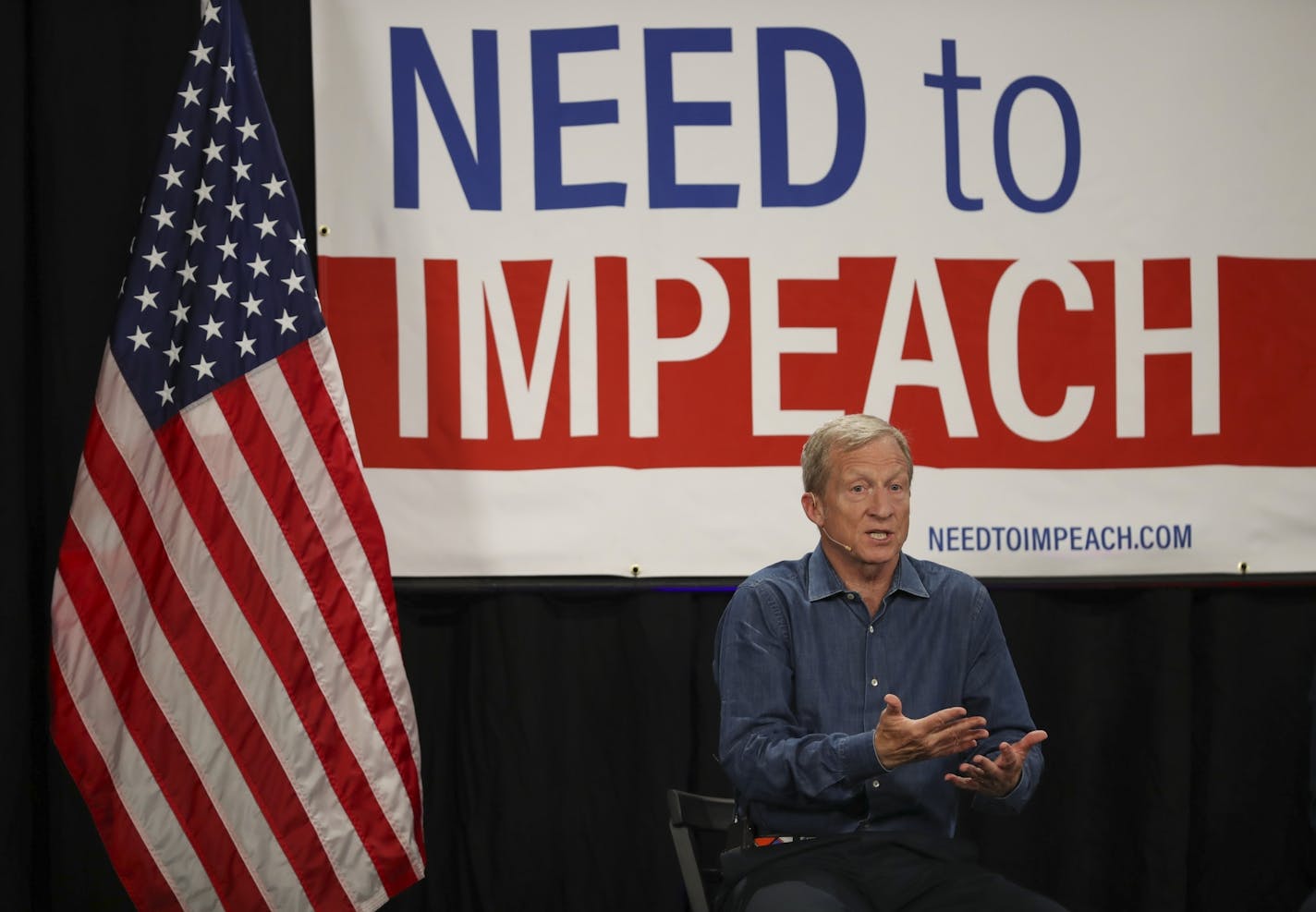 Tom Steyer answered an audience member's question during his Need to Impeach Town Hall held in the Twin Cities in May.