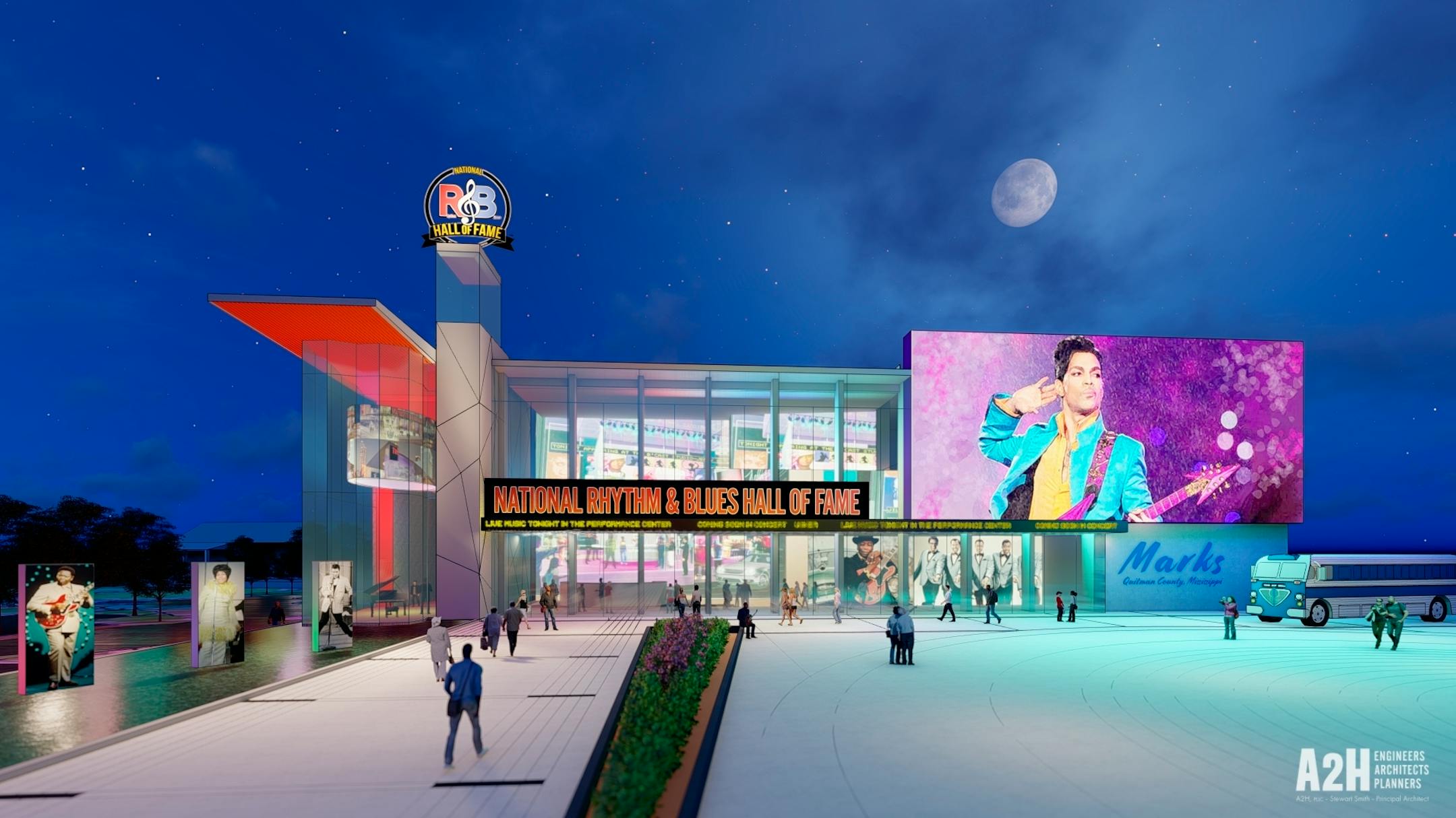 This image provided by A2H Engineers, Architects, Planners on Aug. 18, 2022, shows digital rendering of the National Rhythm and Blues Hall of Fame in Marks, Miss. Organizers are aiming to complete the building in two or three years. The project is the culmination of a 50-year effort to build a hall of fame for R&amp;B musicians such as James Brown, Aretha Franklin and B.B. King. (A2H Engineers, Architects, Planners via AP)