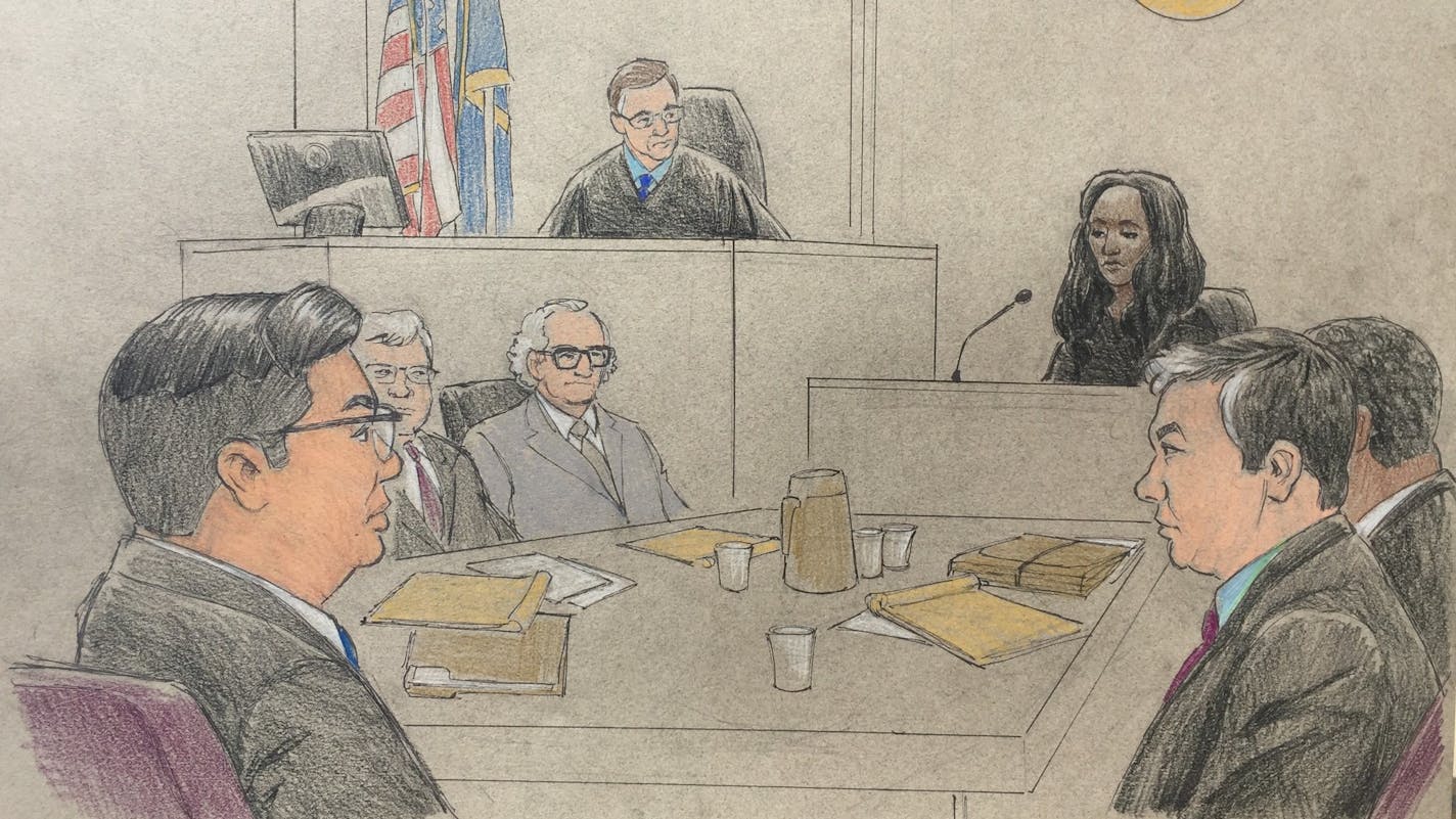 Flanked by the defense and prosecutuion, Jeronimo Yanez, left, looks on as Diamond Reynolds testifies in his manslaughter trial for the death of Philando Castile. (Sketch by Cedric Hohnstadt)