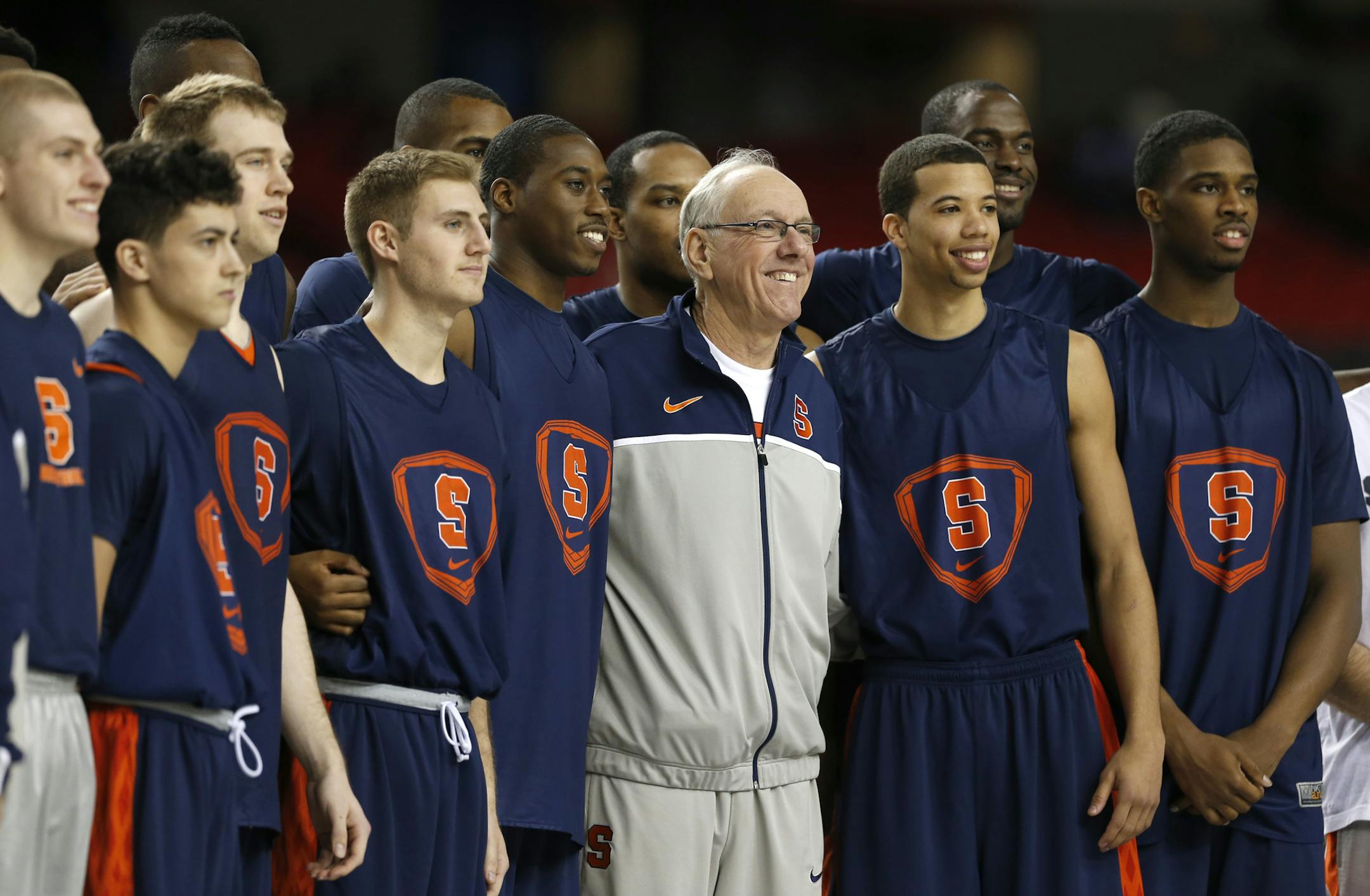 Head coach Jim Boeheim of the Syracuse Orange and his team run through practice with his team on Friday, April 5, 2013, in Atlanta, Georgia, n preparation for their semifinal game in the NCAA Tournament on Saturday. (Mark Cornelison/Lexington Herald-Leader/MCT)