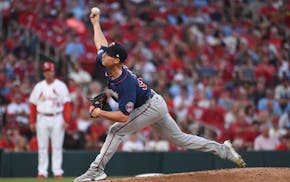 Minnesota Twins starting pitcher Griffin Jax throws during the second inning of the team's baseball game against the St. Louis Cardinals on Friday, Ju