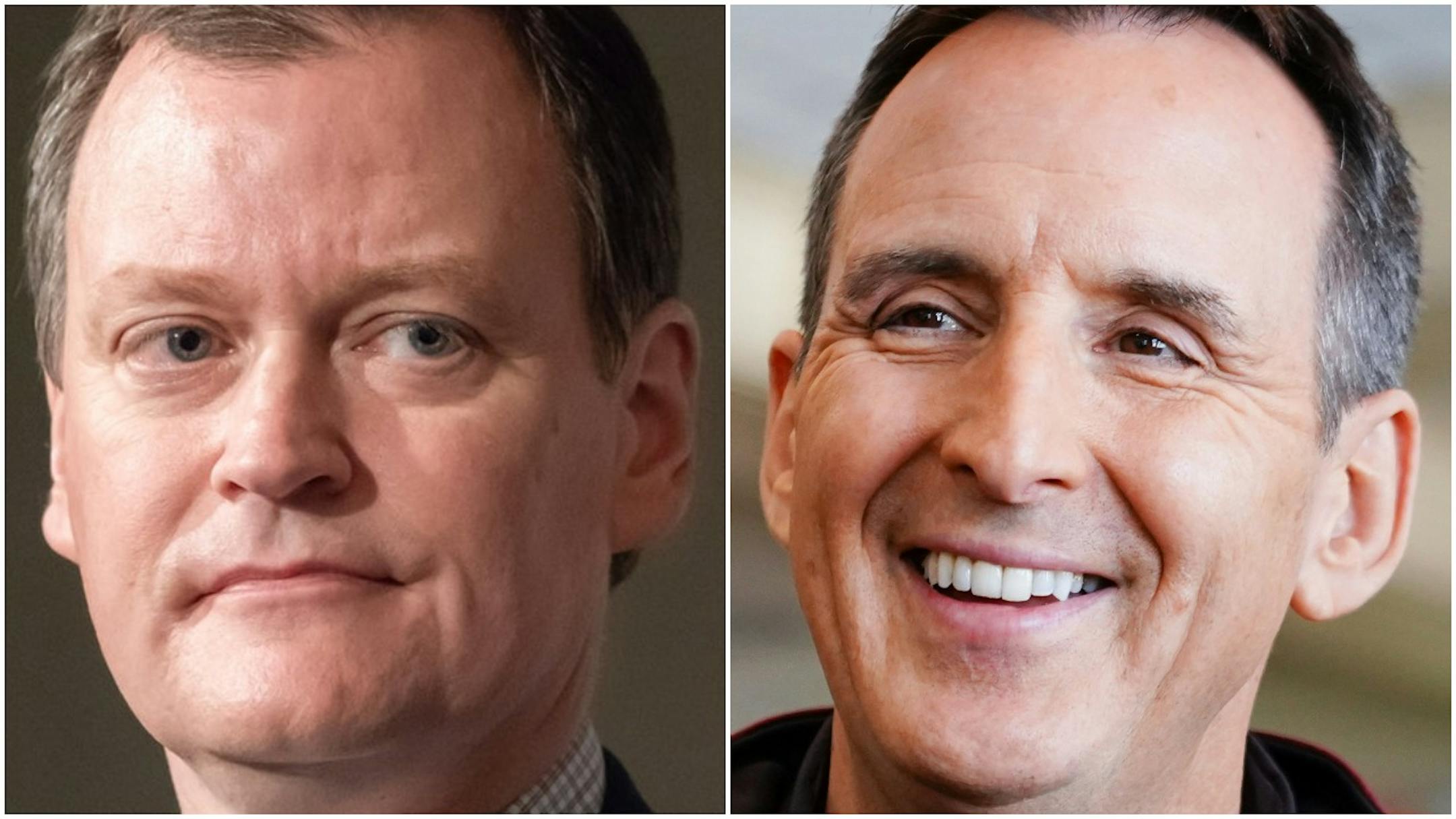 Jeff Johnson, left, is the favorite to be endorsed for governor at the Republican convention, which former Gov. Tim Pawlenty, right, is skipping and taking his campaign straight to the GOP primary on Aug. 14.