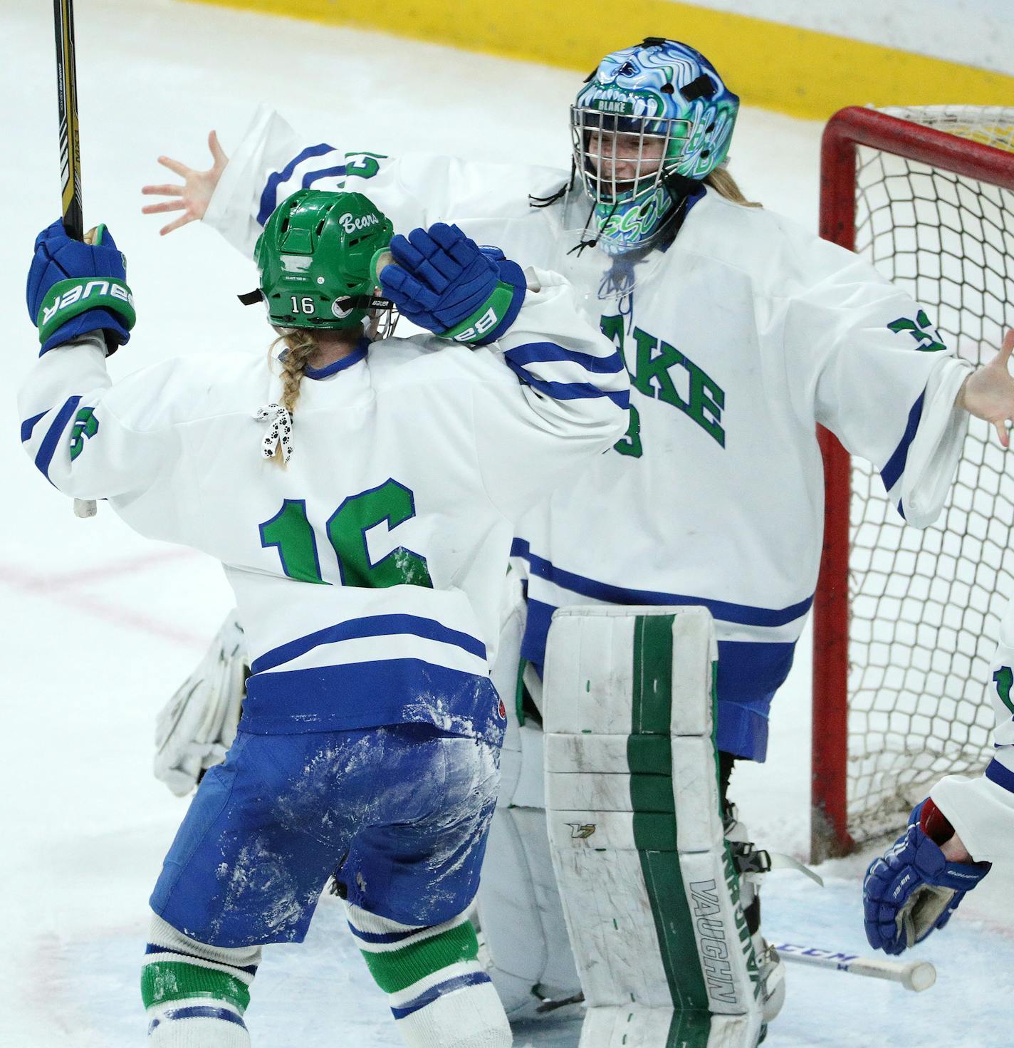 The Blake School's Kyra Willoughby (16) celebrated the win with goaltender Anna Kruesel (33). ] ANTHONY SOUFFLE &#x2022; anthony.souffle@startribune.com Players competed in the Class 2A girls' hockey state championship Saturday, Feb. 25, 2017 at the Xcel Energy Center in St. Paul, Minn.