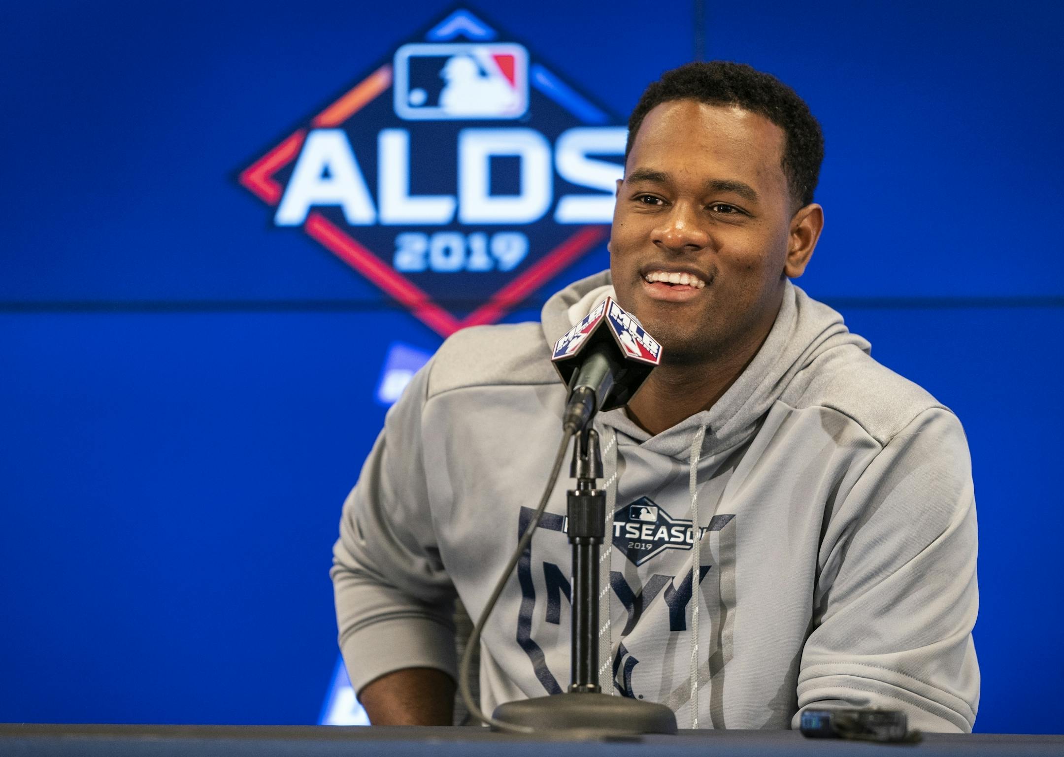 New York Yankees starting pitcher Luis Severino (40) spoke with the media.