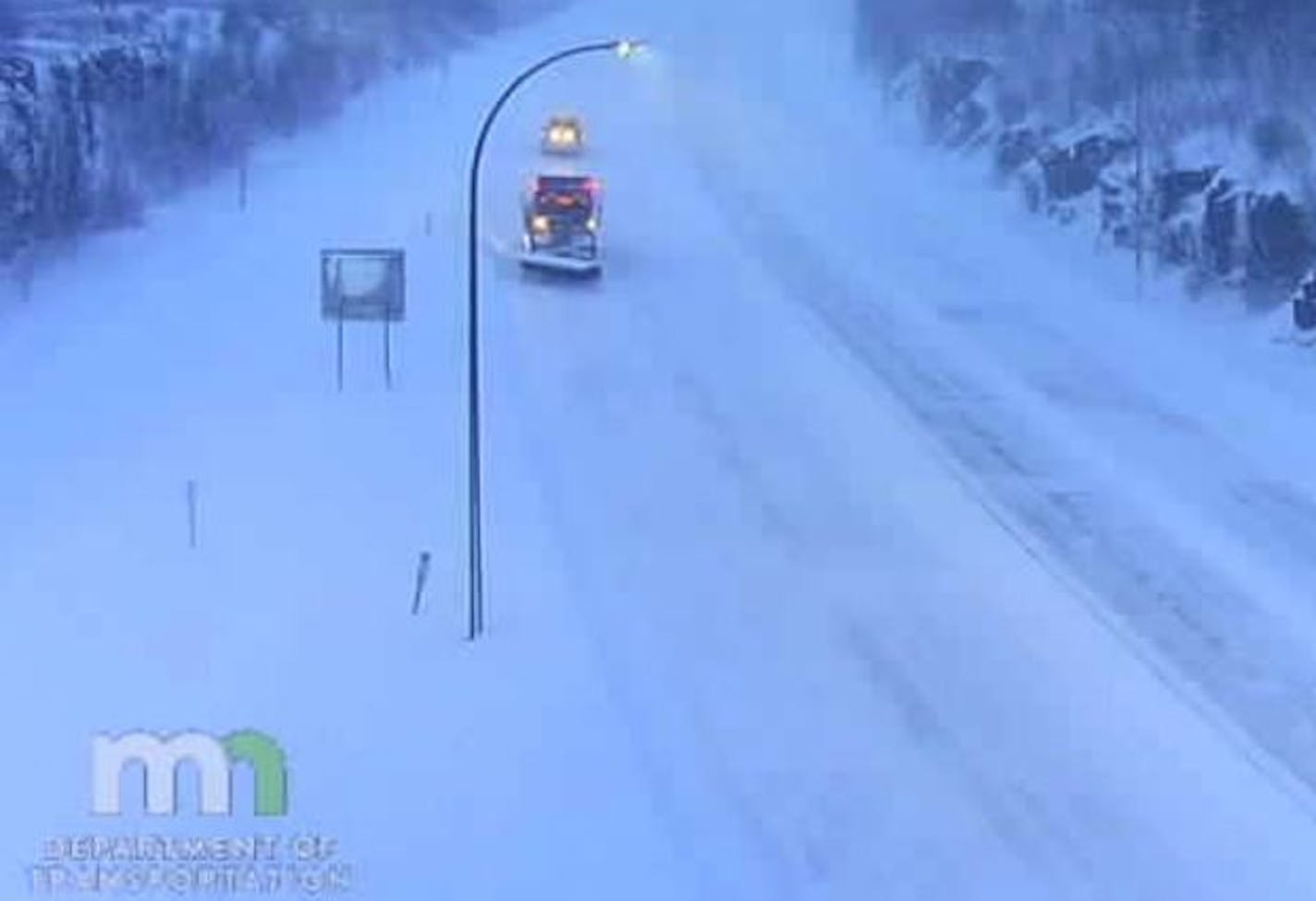 Plows were busy Sunday morning along I-35 near Duluth. Credit: Minnesota Department of Transportation highway camera