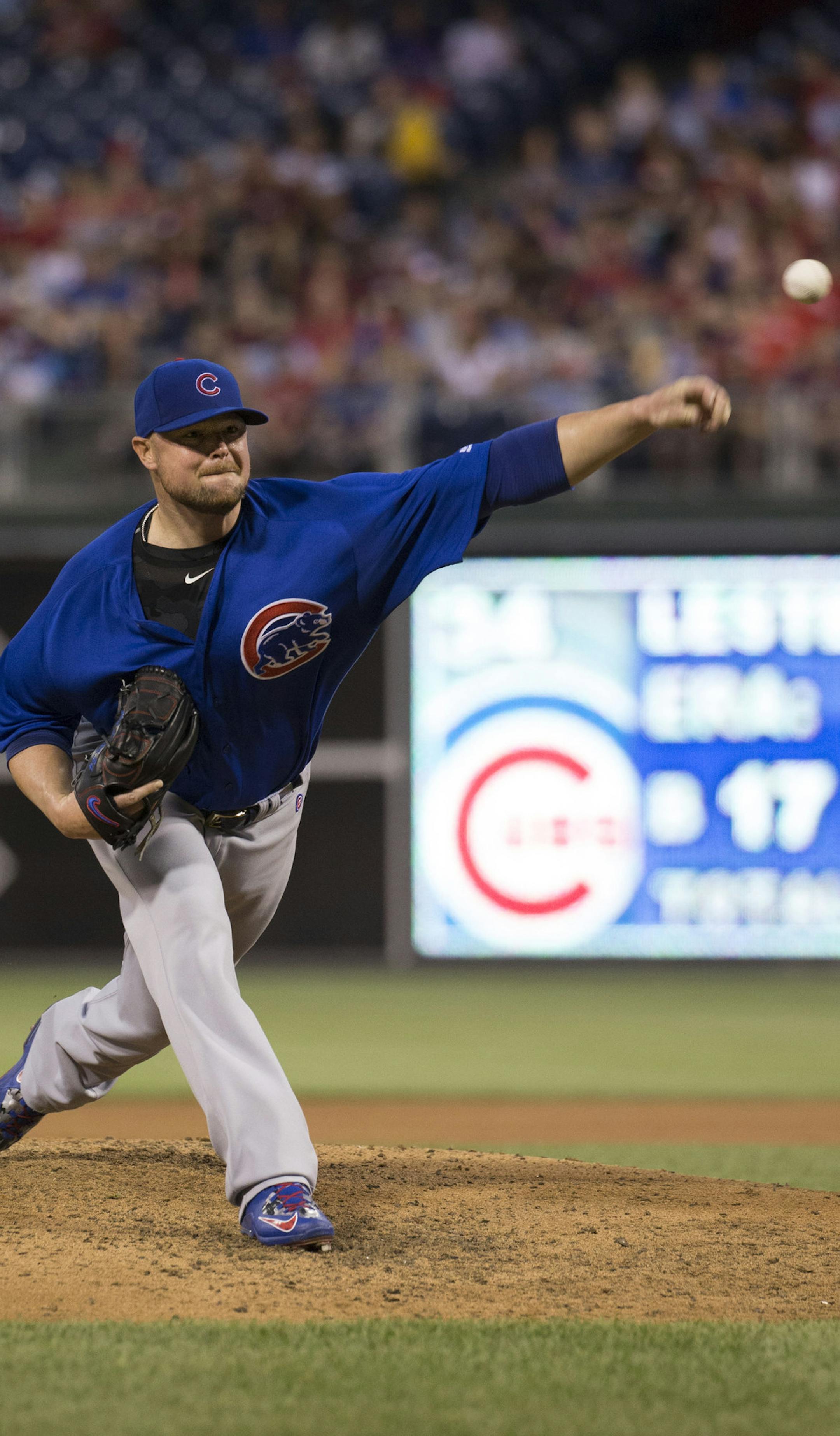 Chicago Cubs starting pitcher Jon Lester throws a pitch during the fourth inning of a baseball game against the Philadelphia Phillies, Monday, June 6, 2016, in Philadelphia. (AP Photo/Chris Szagola)